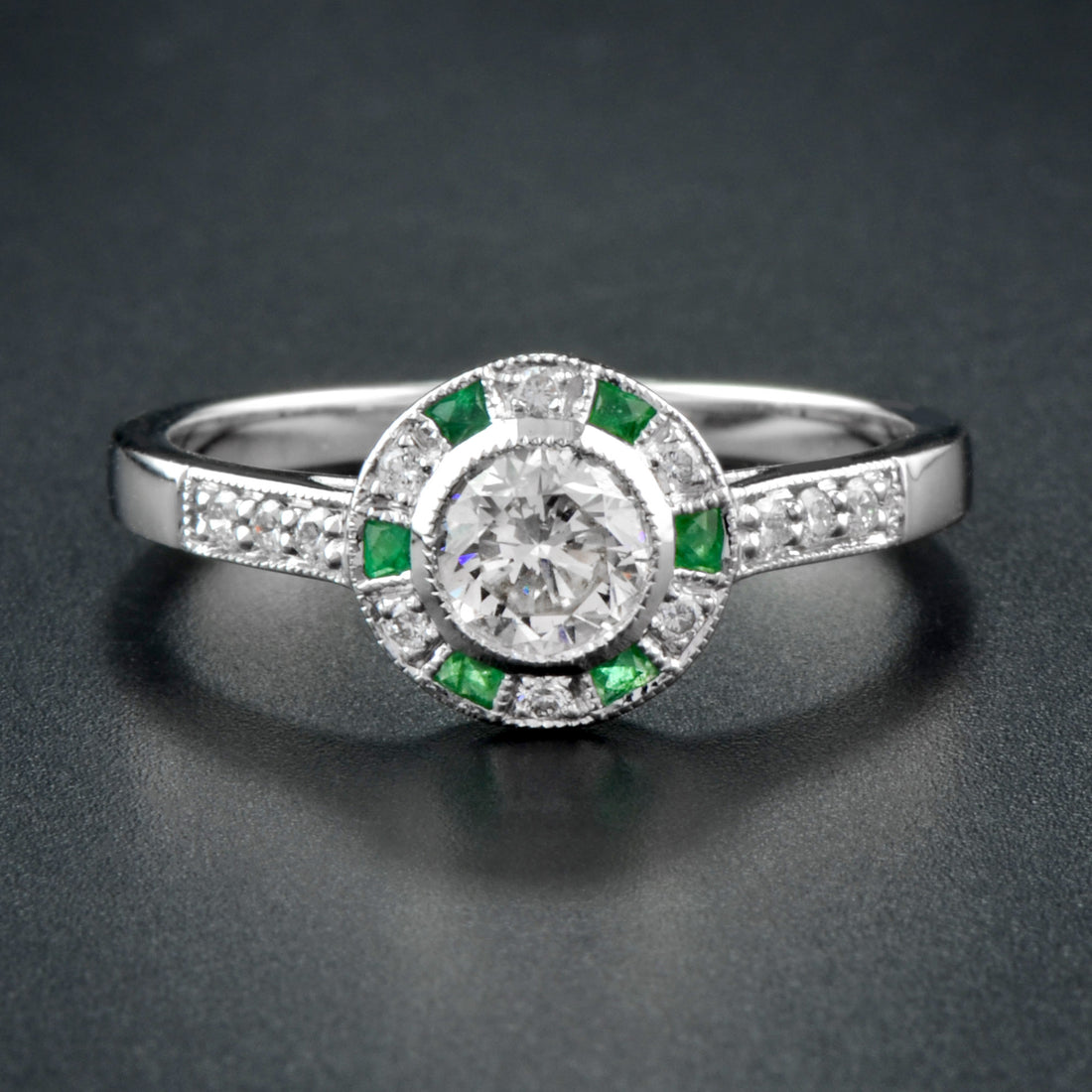 Art Deco Style Diamond & Green Emerald Engagement Halo 18K White Gold Ring