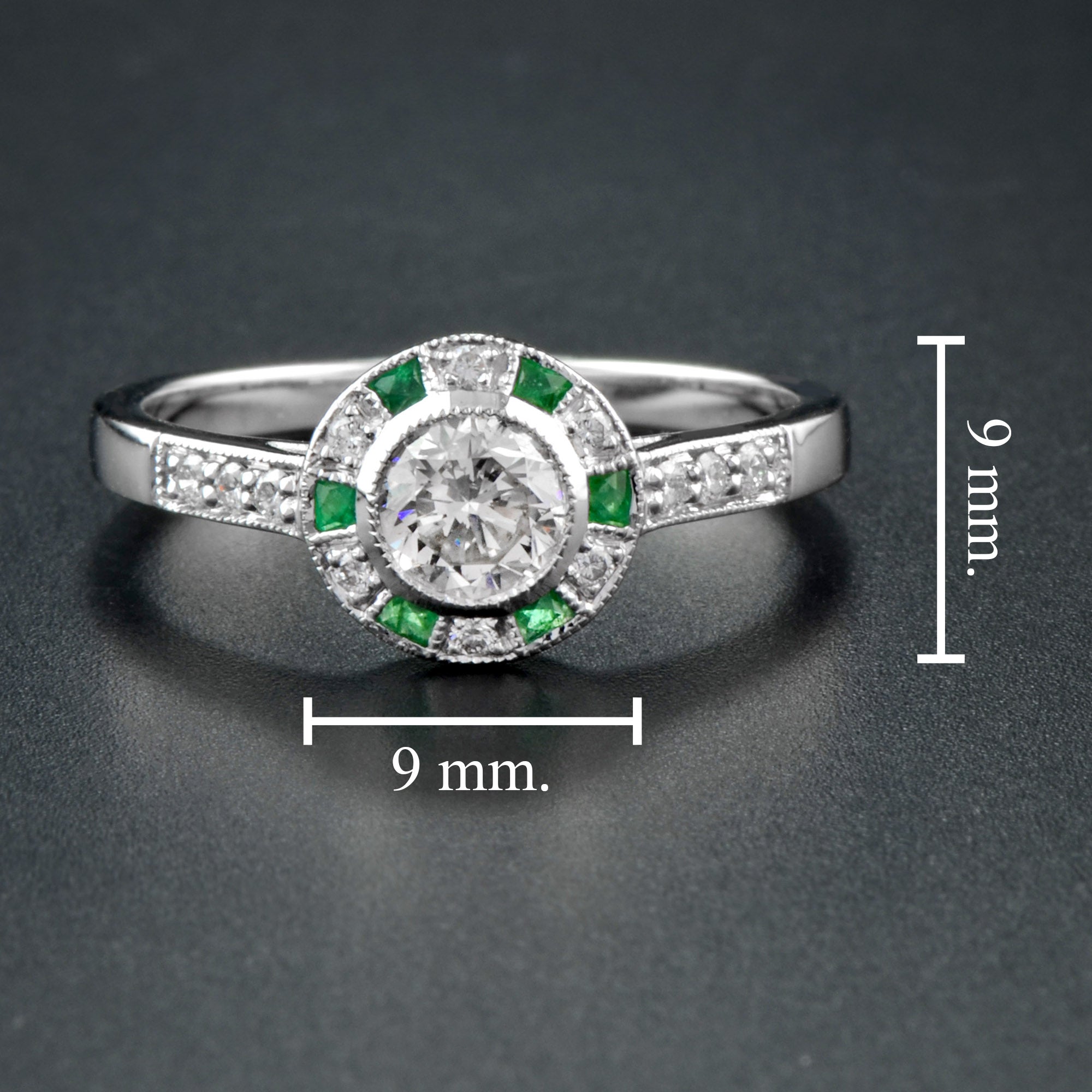 Art Deco Style Diamond & Green Emerald Engagement Halo 18K White Gold Ring