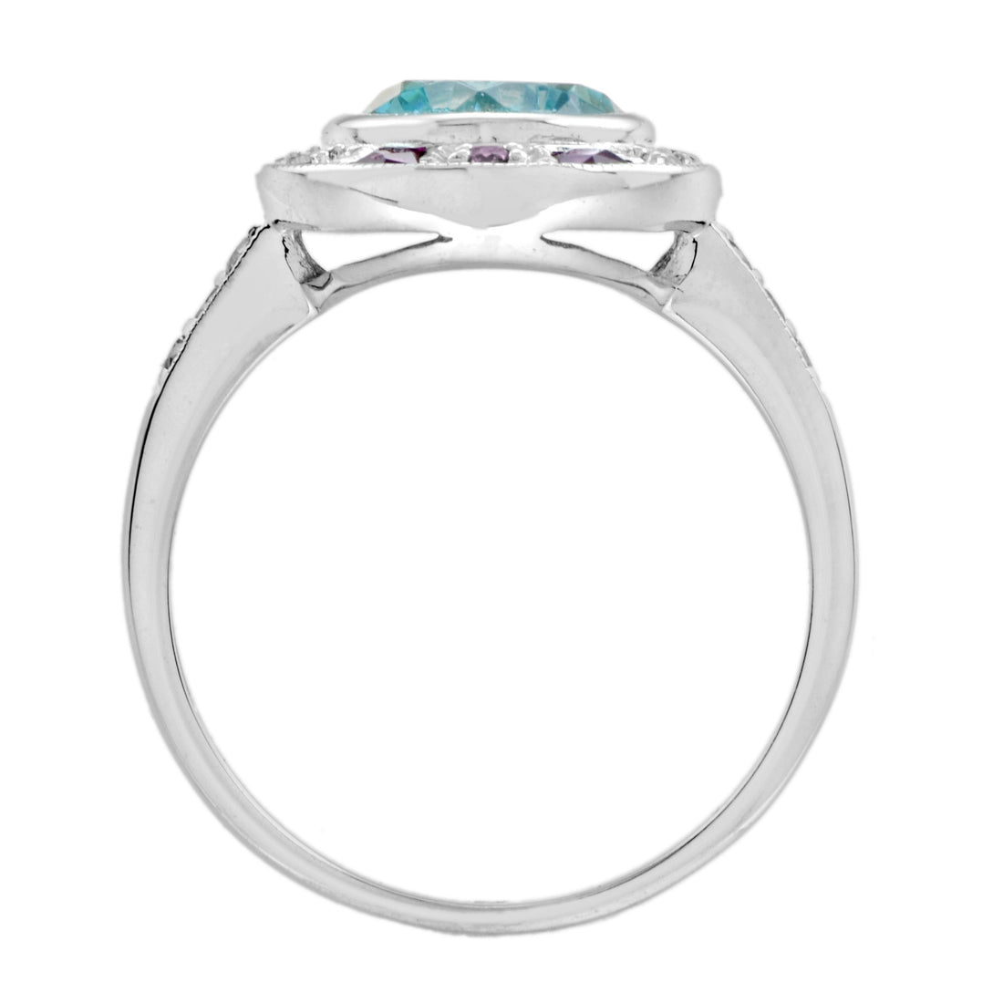 Certified Blue Zircon & Diamond Ruby Art Deco Style Halo Set 14K White Gold Ring