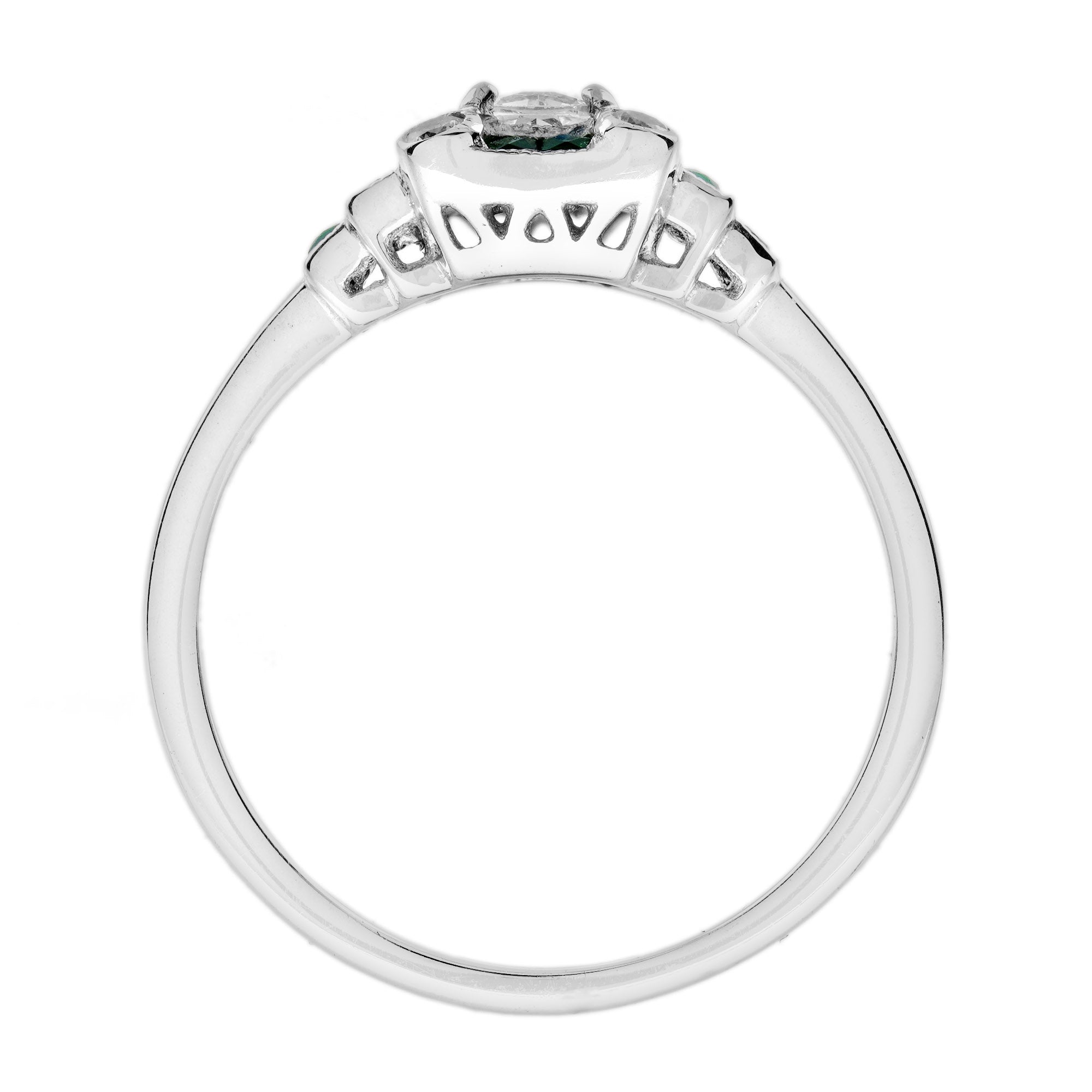 Radiant Shape Diamond & Green Emerald Step Art Deco Style 14K White Gold Ring