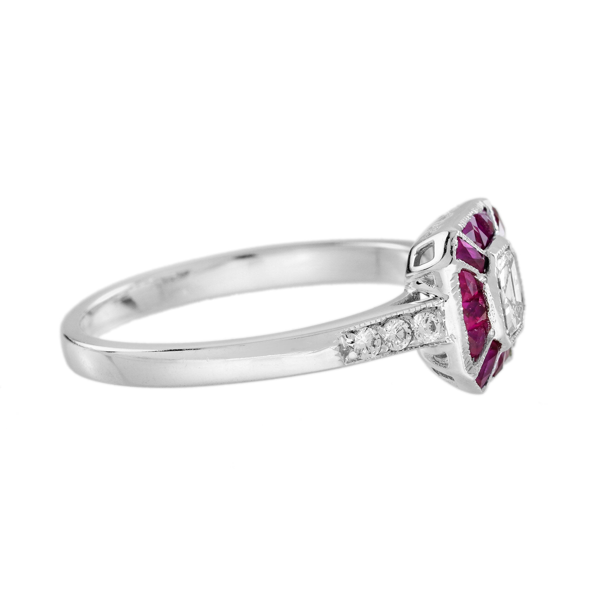 Asscher Cut Diamond & Ruby Art Deco Style Statement White Gold Ring