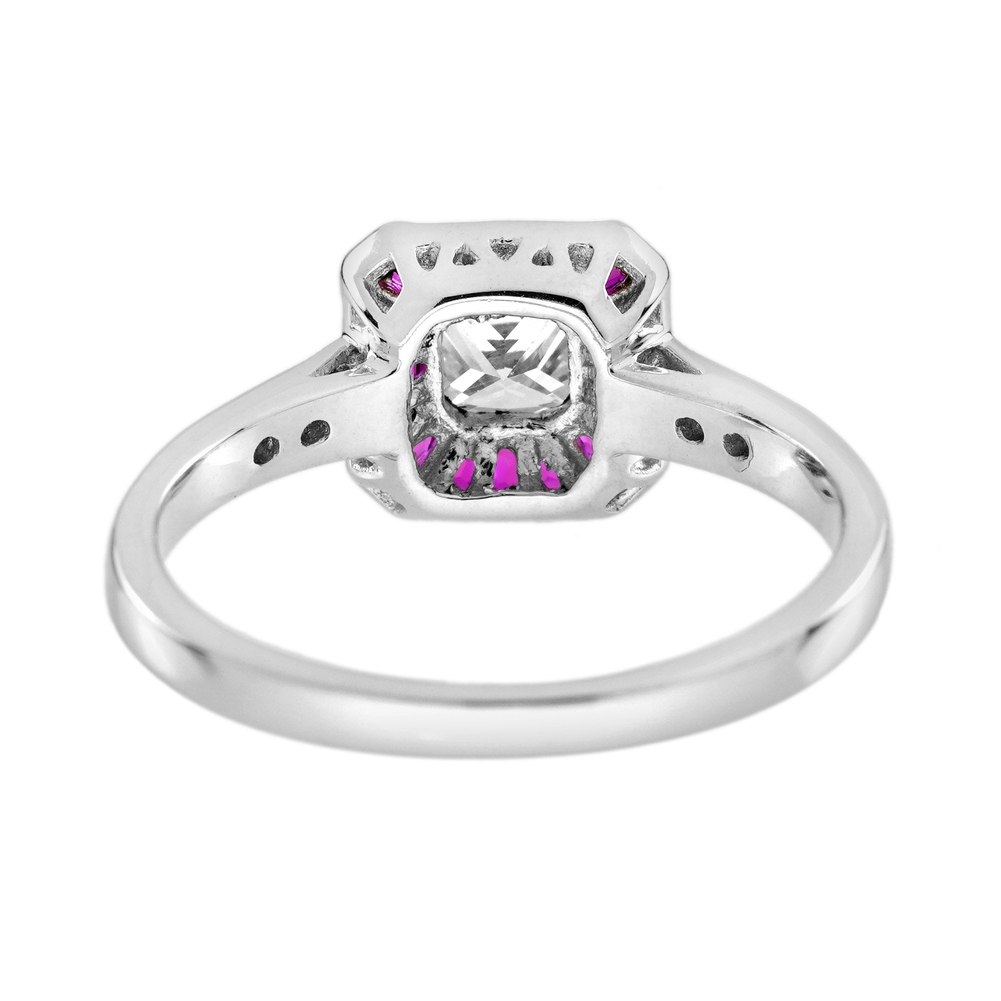 Asscher Cut Diamond & Ruby Art Deco Style Statement White Gold Ring