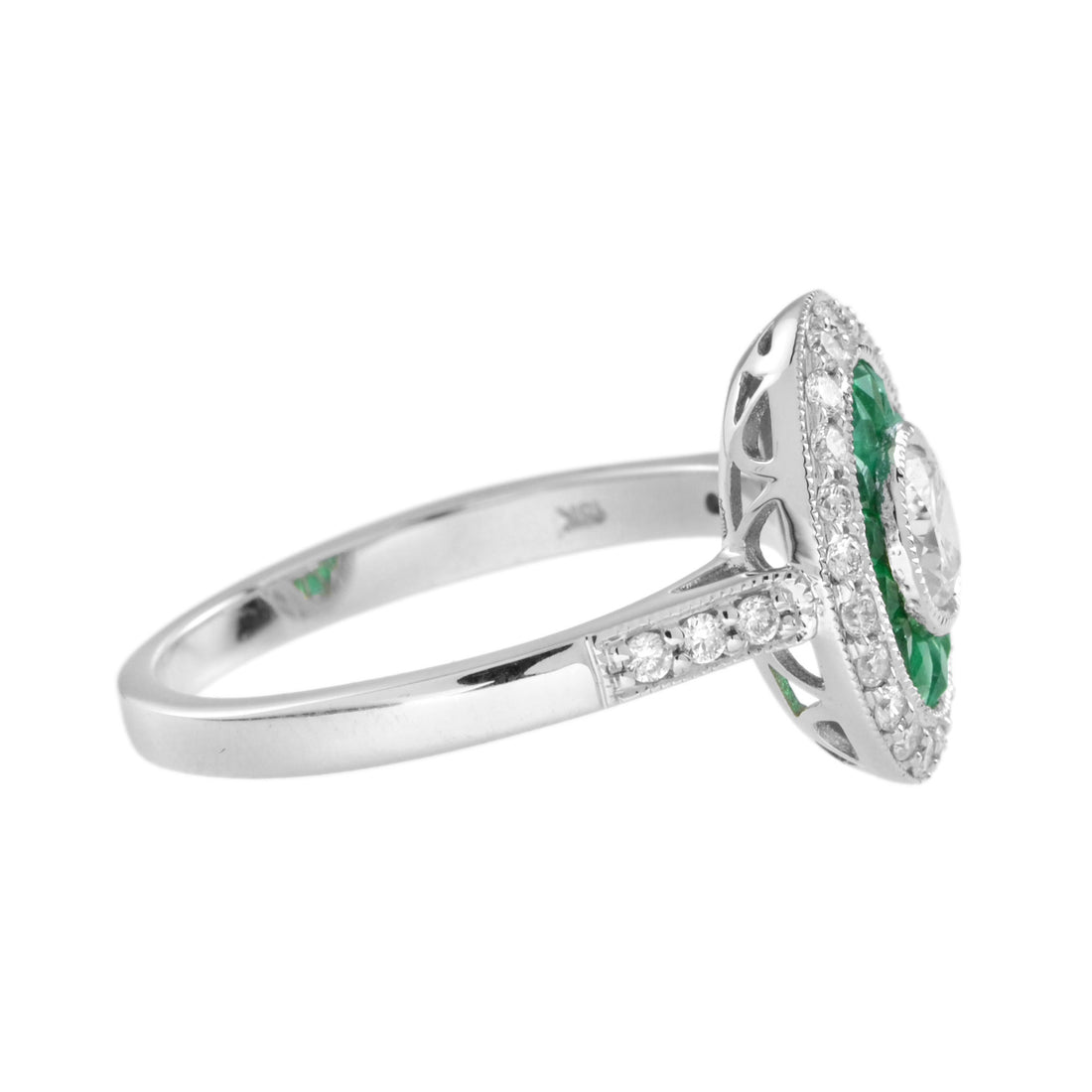 Art Deco Style Diamond French Cut Halo Set Green Emerald Shield White Gold Ring