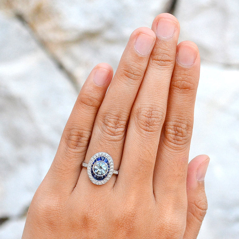 Round Blue Aquamarine & Blue Sapphire Diamond Halo Set 14K White Gold Ring