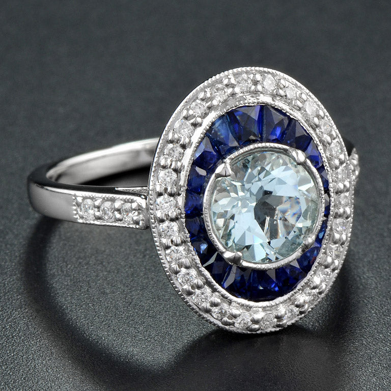 Round Blue Aquamarine & Blue Sapphire Diamond Halo Set 14K White Gold Ring