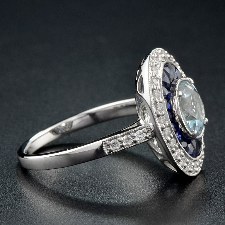 Round Blue Aquamarine & Blue Sapphire Diamond Halo Set 14K White Gold Ring