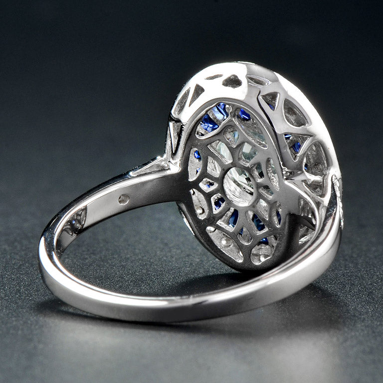 Round Blue Aquamarine & Blue Sapphire Diamond Halo Set 14K White Gold Ring