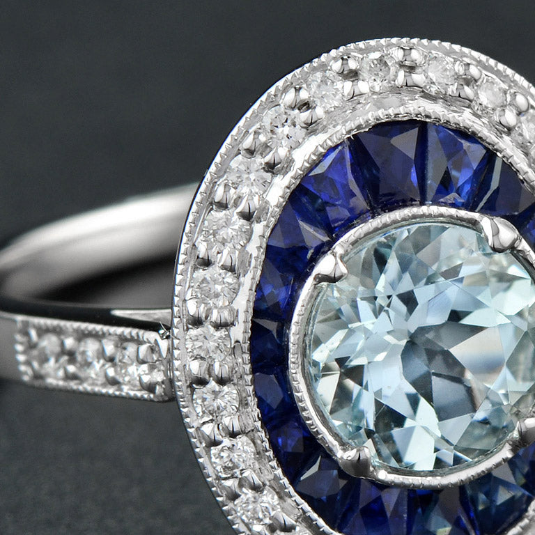 Round Blue Aquamarine & Blue Sapphire Diamond Halo Set 14K White Gold Ring