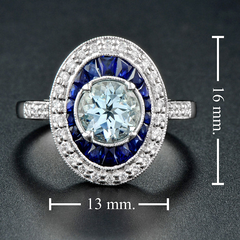 Round Blue Aquamarine & Blue Sapphire Diamond Halo Set 14K White Gold Ring