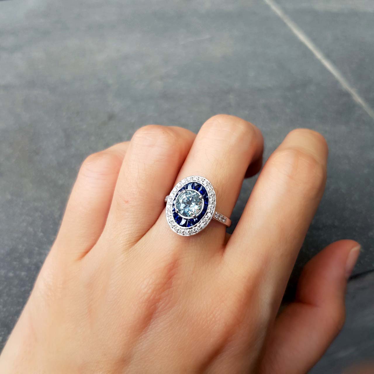 Round Blue Aquamarine & Blue Sapphire Diamond Halo Set 14K White Gold Ring