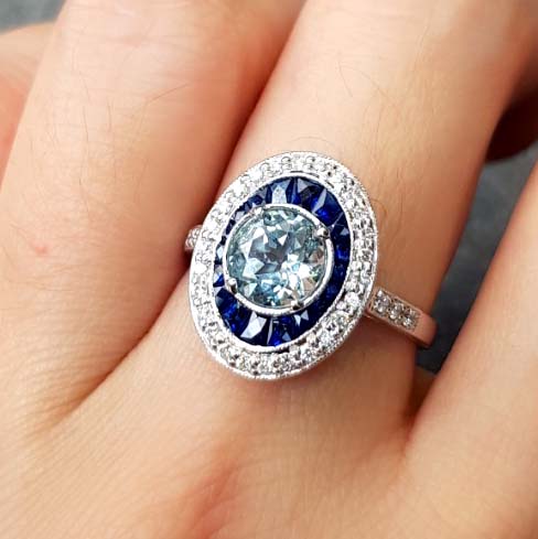 Round Blue Aquamarine & Blue Sapphire Diamond Halo Set 14K White Gold Ring