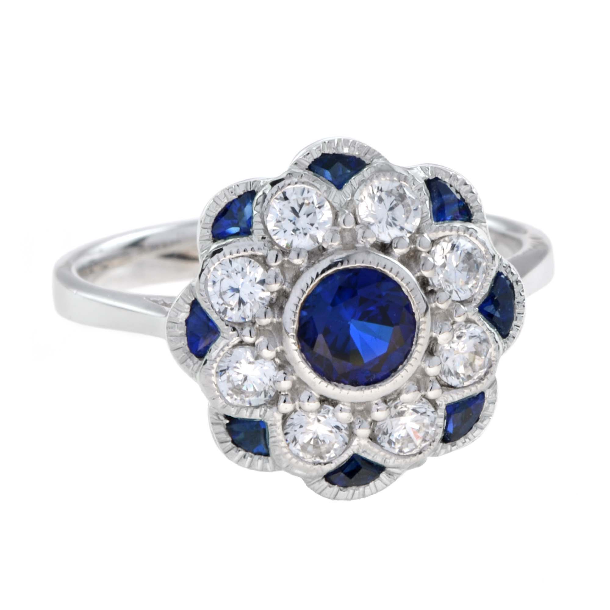 Sapphire & Diamond Ring Stud Earrings Floral Flower White Gold Jewelry Set
