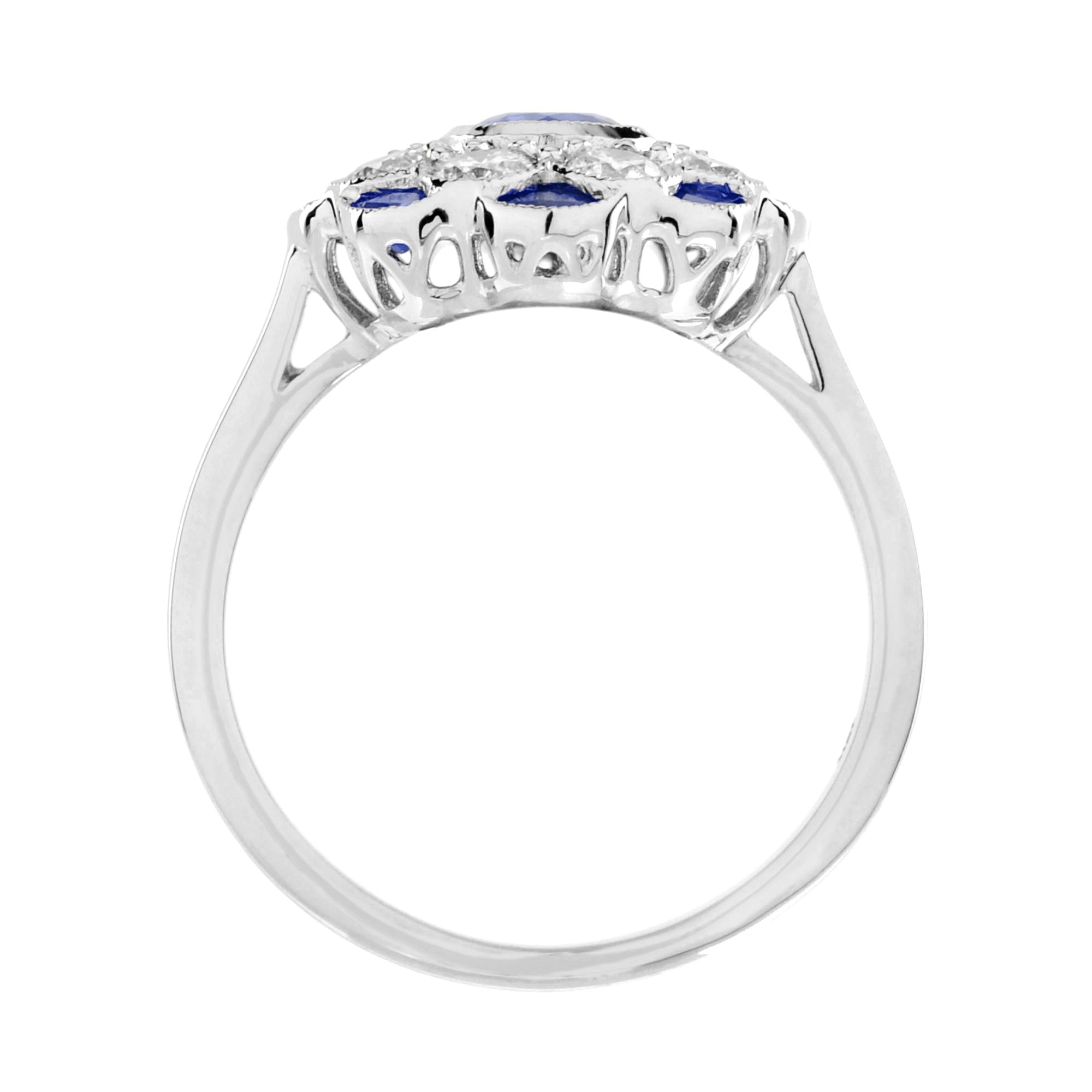 Blue Sapphire & Diamond Art Deco Style Floral Flower Engagement White Gold Ring