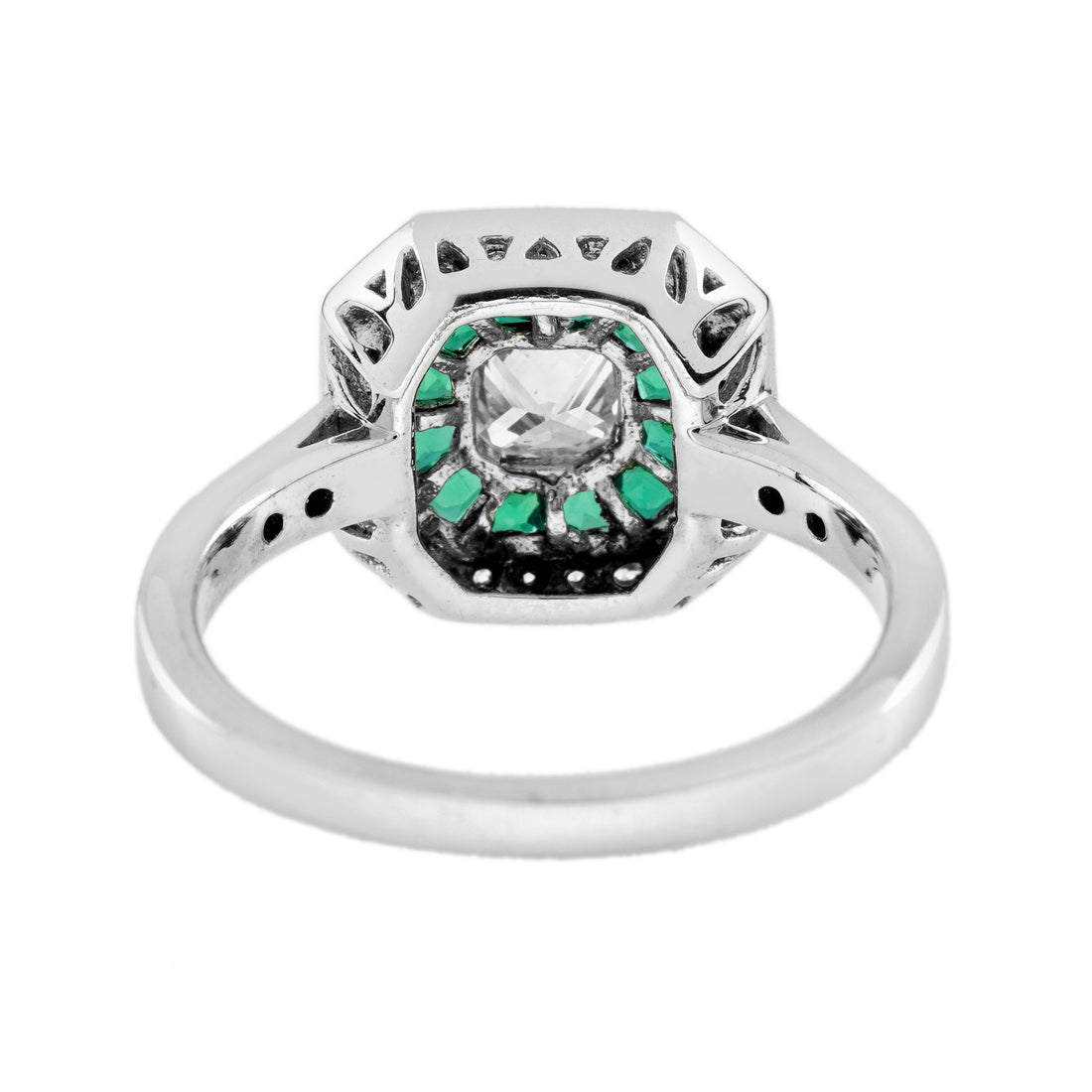 Diamond & Emerald Double Halo Art Deco Style Asscher Shape 14K White Gold Ring