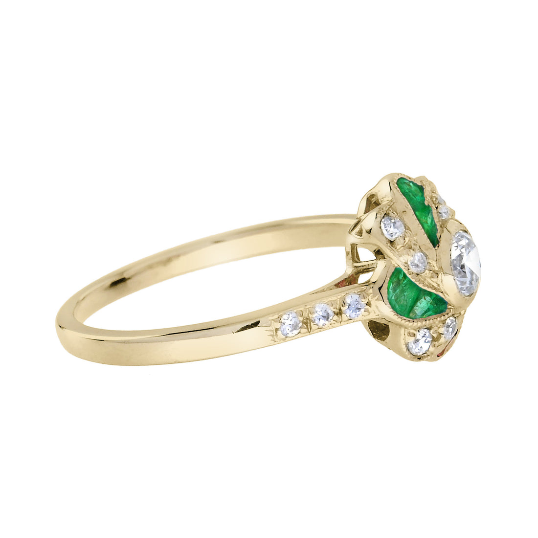 Diamond & Green Emerald Vintage Style Floral Rose Yellow Gold Ring