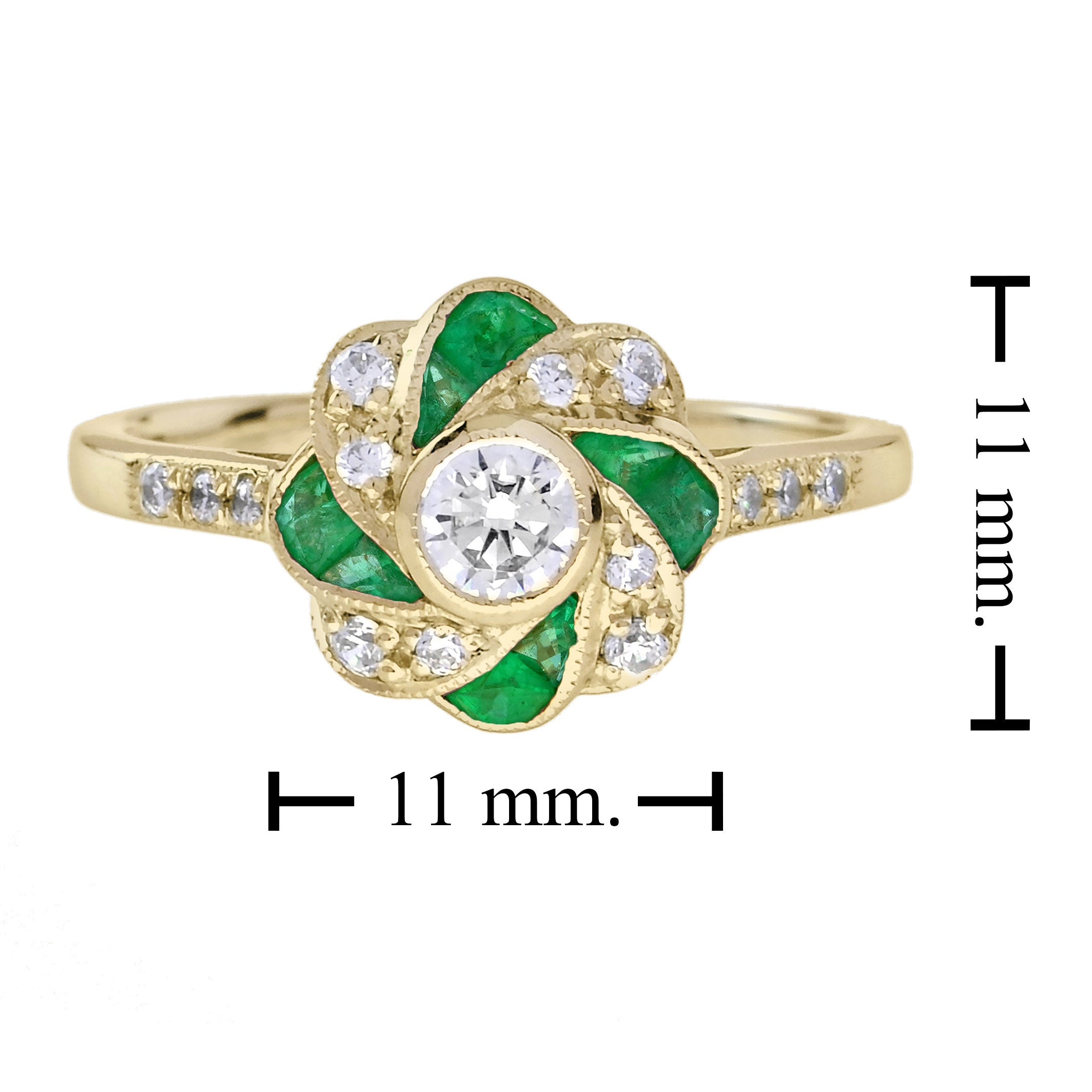 0.91 Ctw Art Deco Emerald & Diamond Floral 14K Yellow Gold Ring