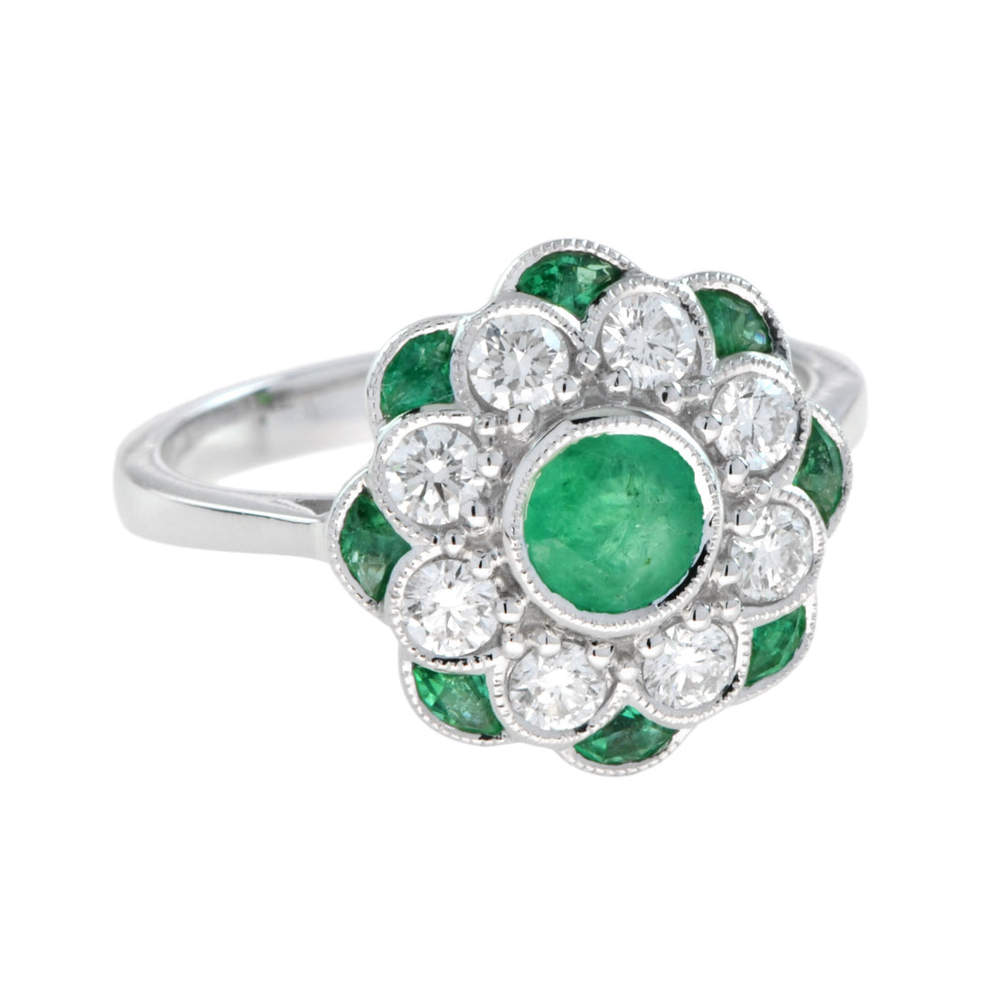 Floral Flower Petals Green Emerald & Diamond Art Deco Style 14K White Gold Ring