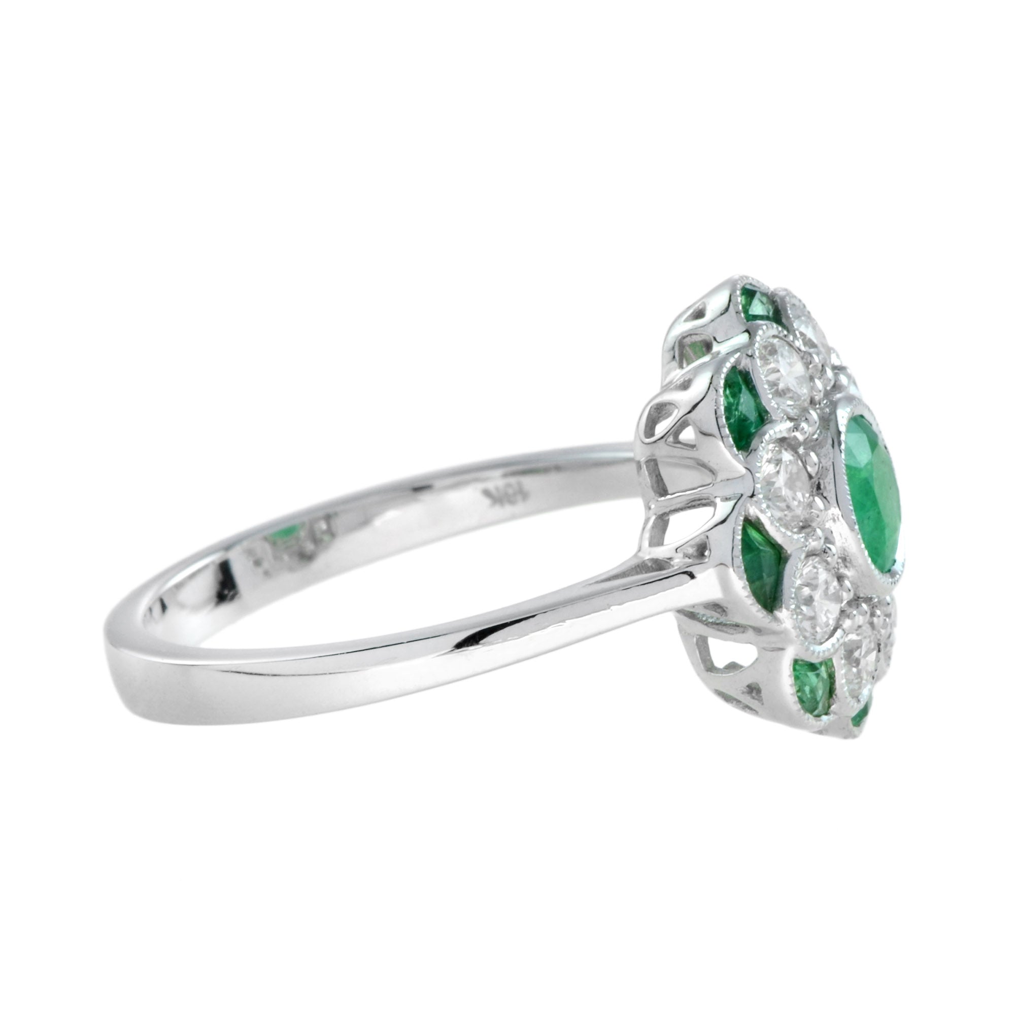 Floral Flower Petals Green Emerald & Diamond Art Deco Style 14K White Gold Ring