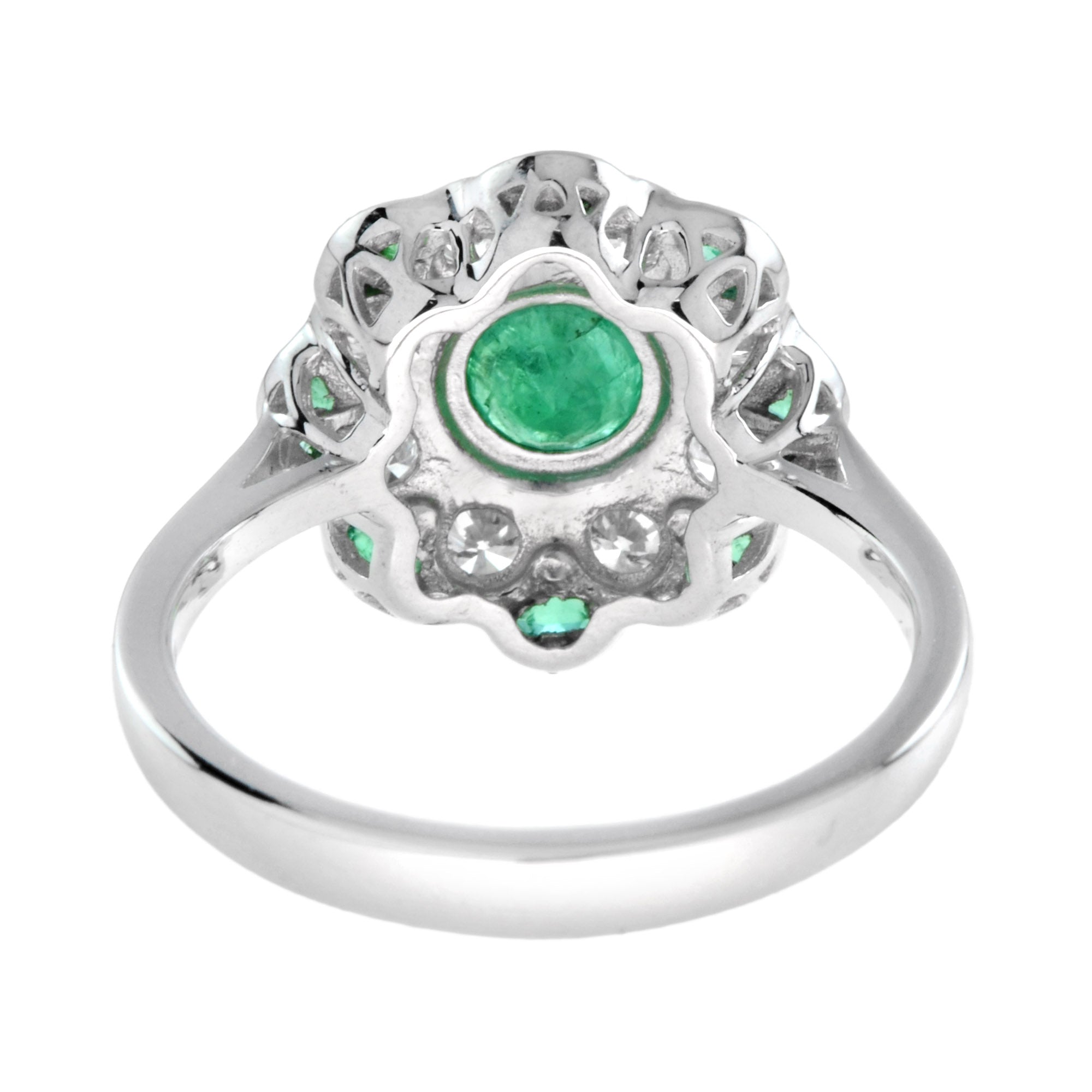 Floral Flower Petals Green Emerald & Diamond Art Deco Style 14K White Gold Ring