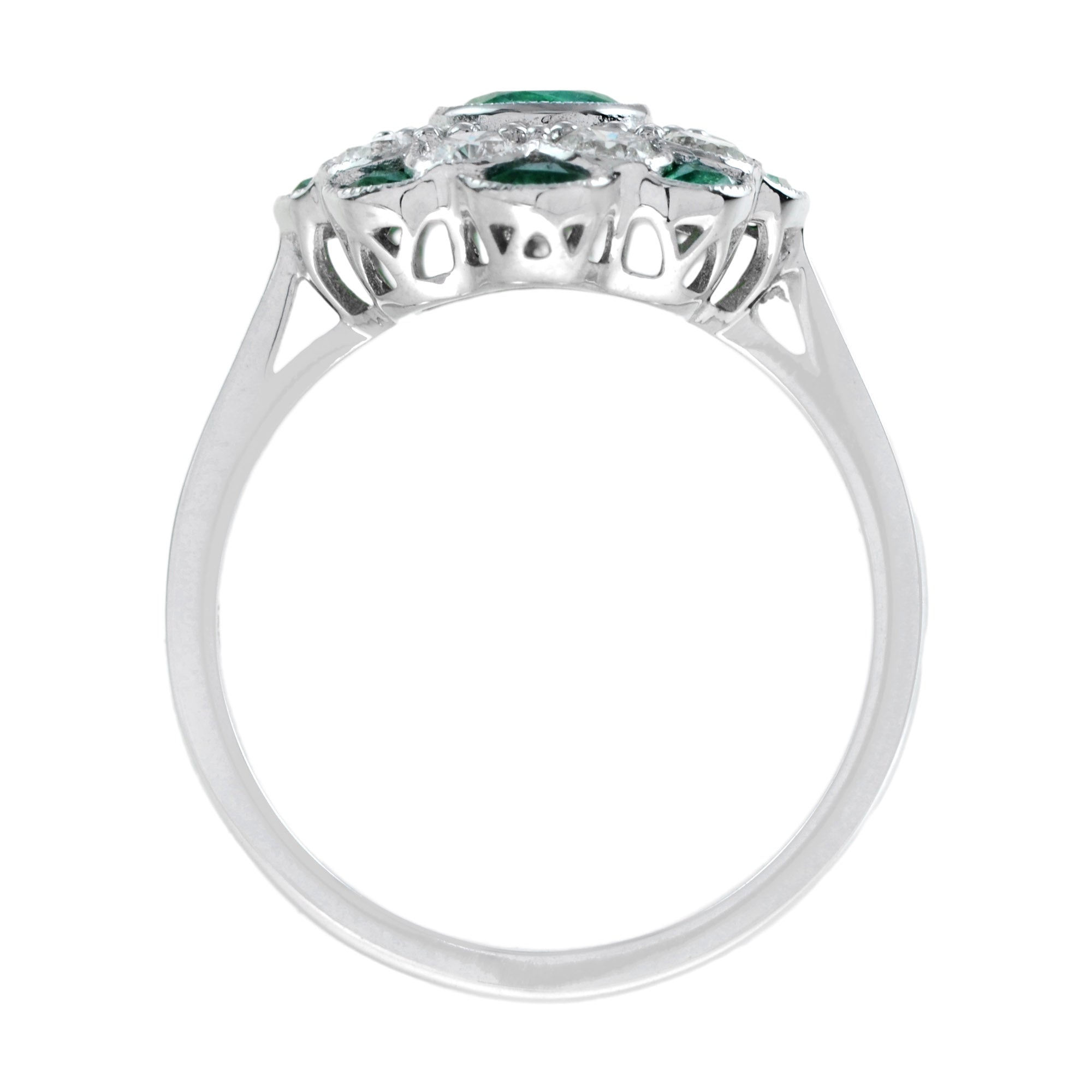 Floral Flower Petals Green Emerald & Diamond Art Deco Style 14K White Gold Ring