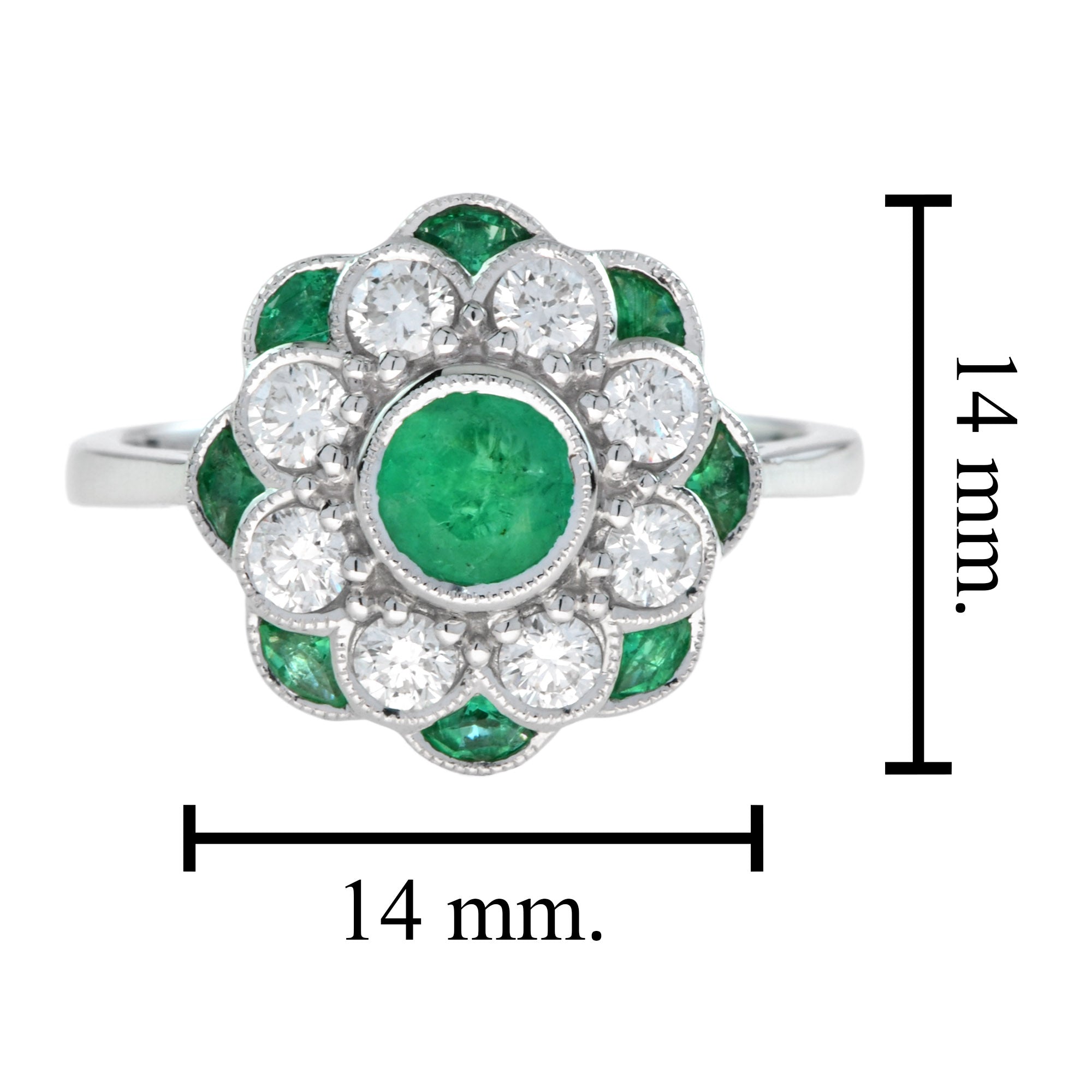 Floral Flower Petals Green Emerald & Diamond Art Deco Style 14K White Gold Ring