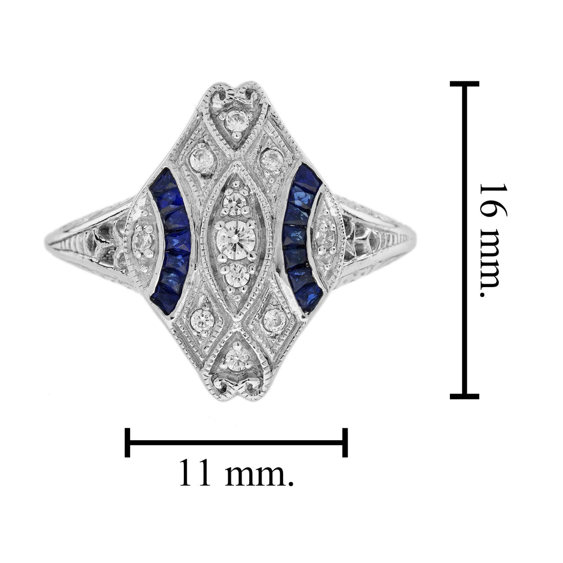 Diamond & Blue Sapphire Art Deco Style Cluster 14K White Gold Ring