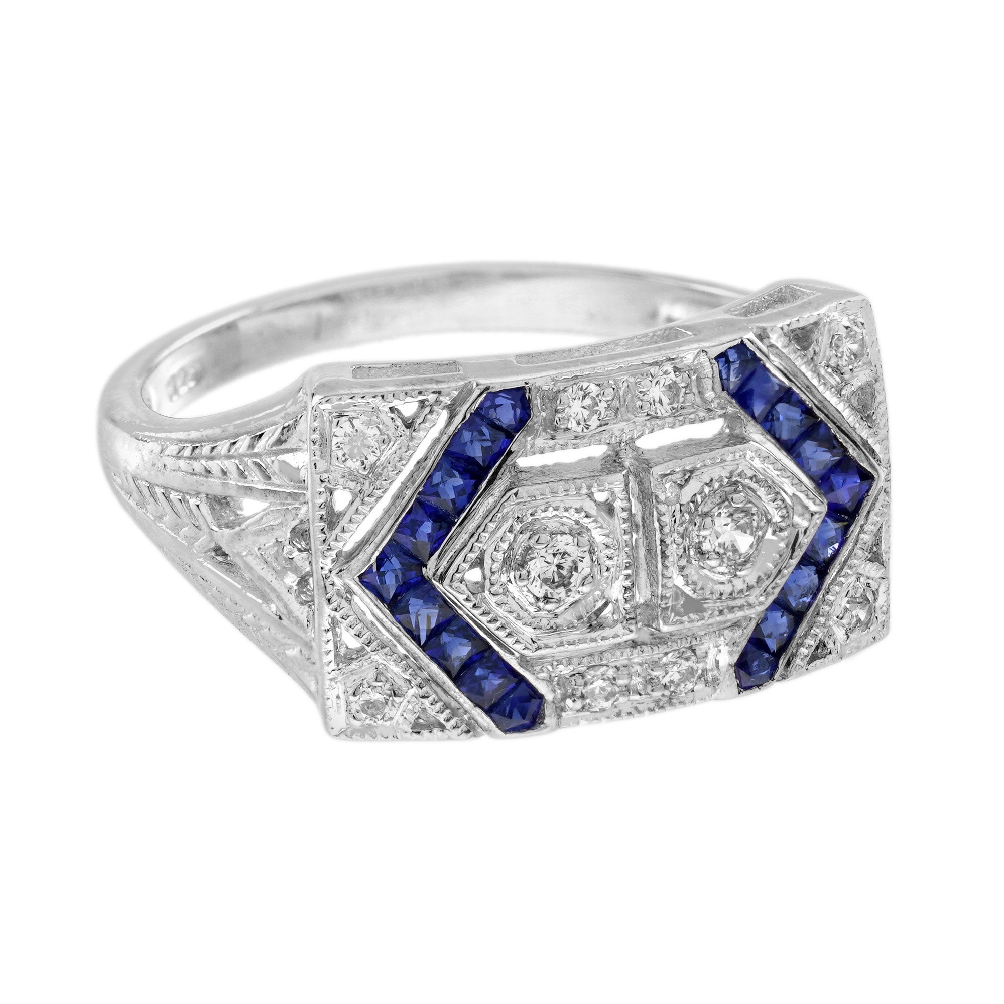 Diamond & Blue Sapphire Vintage Inspired Edwardian Style White Gold Ring