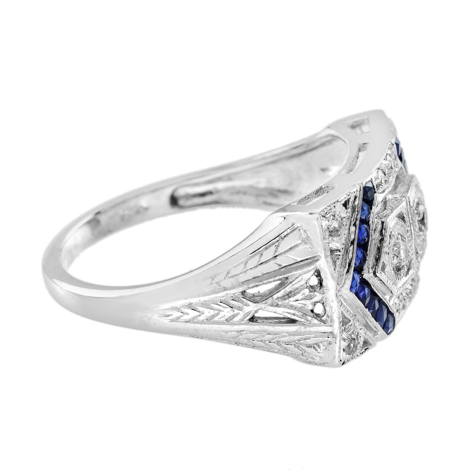 Diamond & Blue Sapphire Vintage Inspired Edwardian Style White Gold Ring