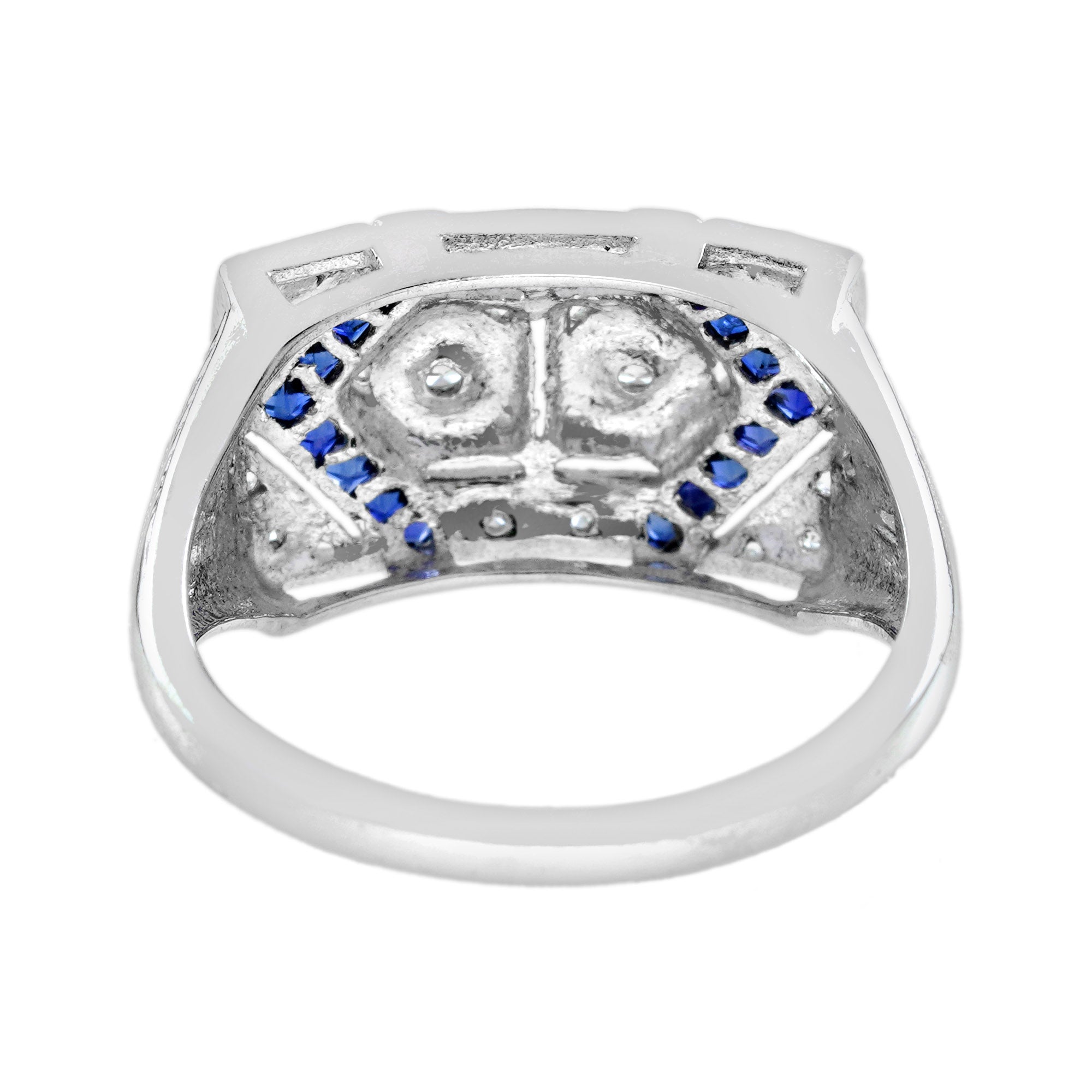 Diamond & Blue Sapphire Vintage Inspired Edwardian Style White Gold Ring