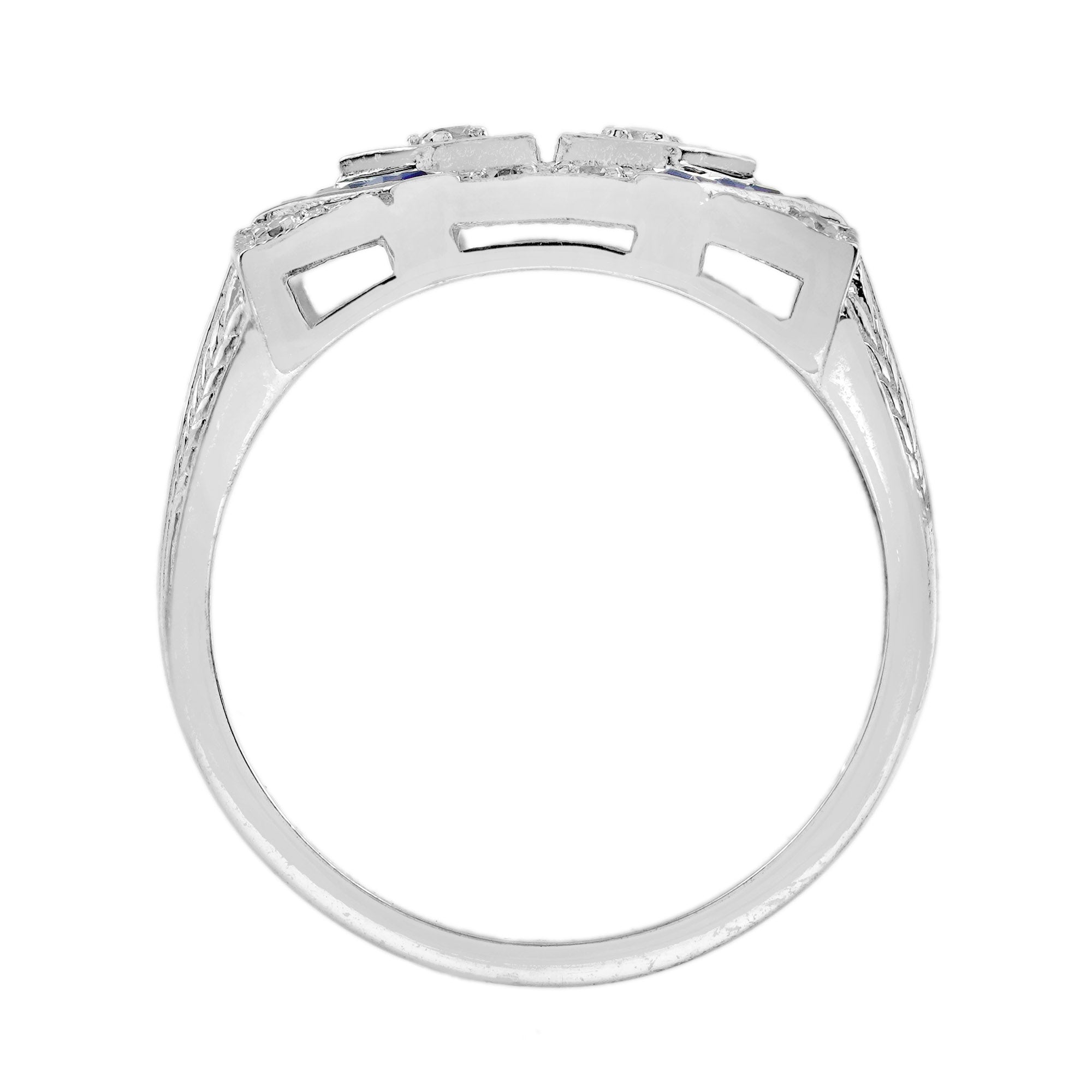 Diamond & Blue Sapphire Vintage Inspired Edwardian Style White Gold Ring