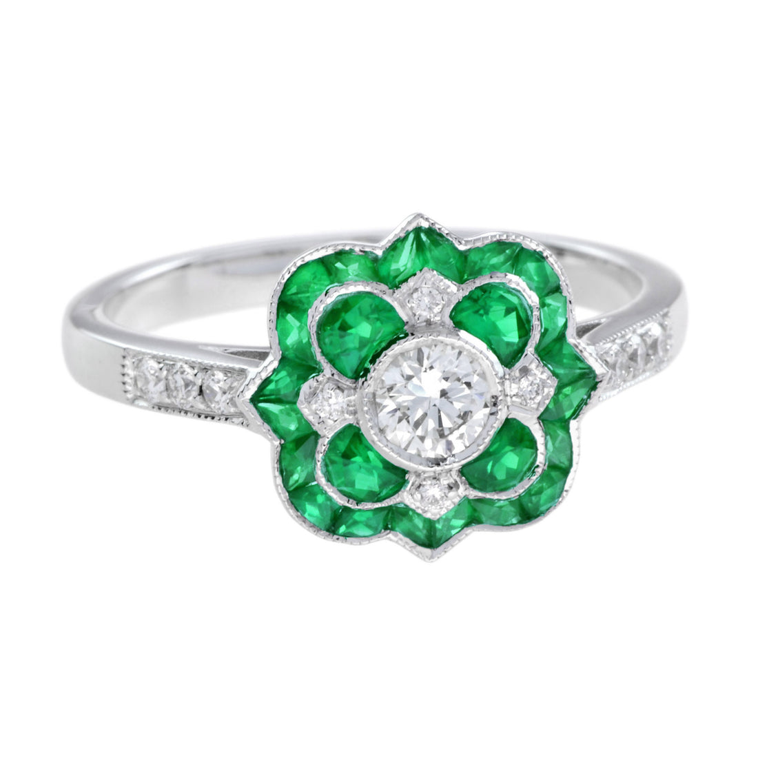 Diamond & Green Emerald Art Deco Style Floral Flower White Gold Ring