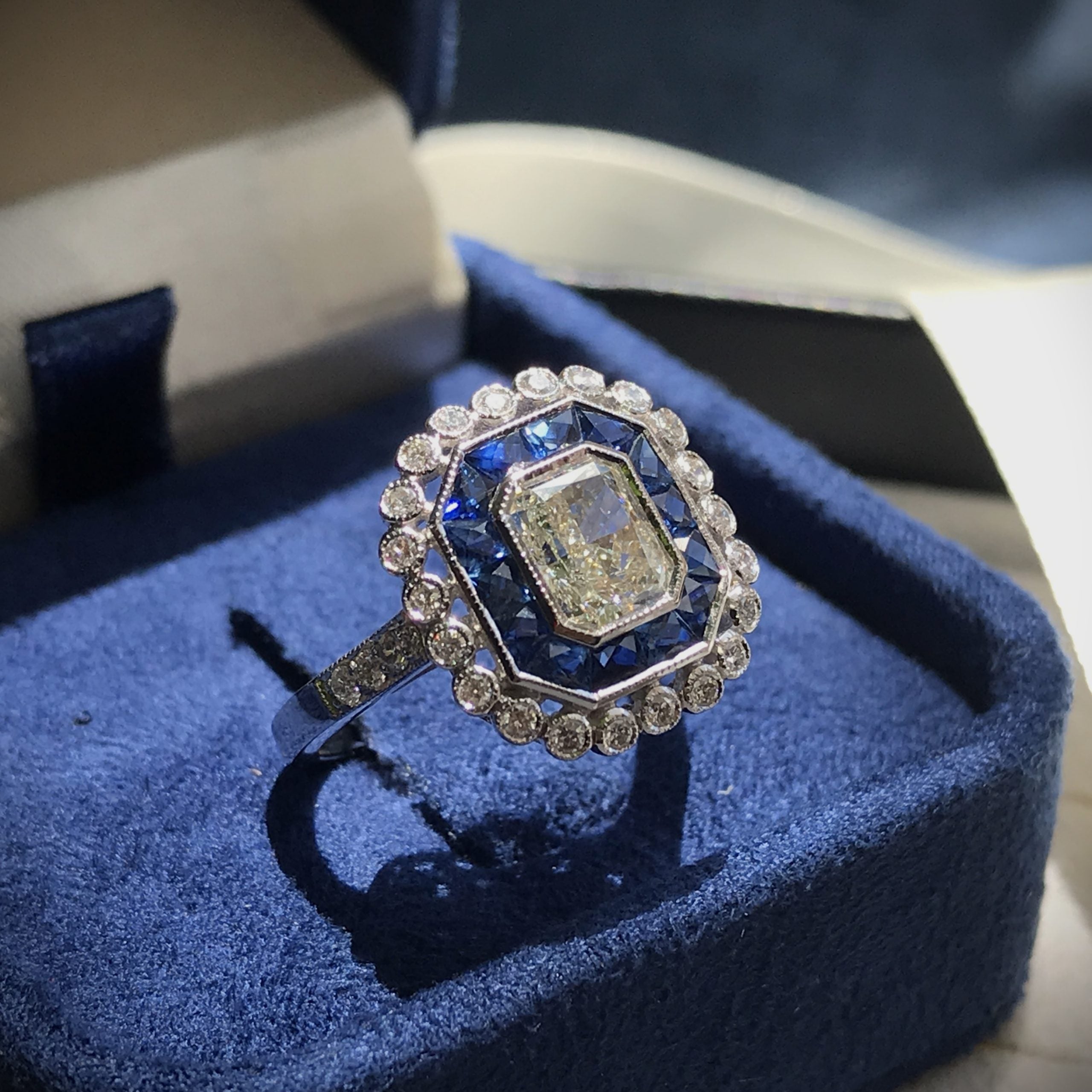 GIA Art Deco Style Radiant Shape Diamond Blue Sapphire Halo 18K White Gold Ring