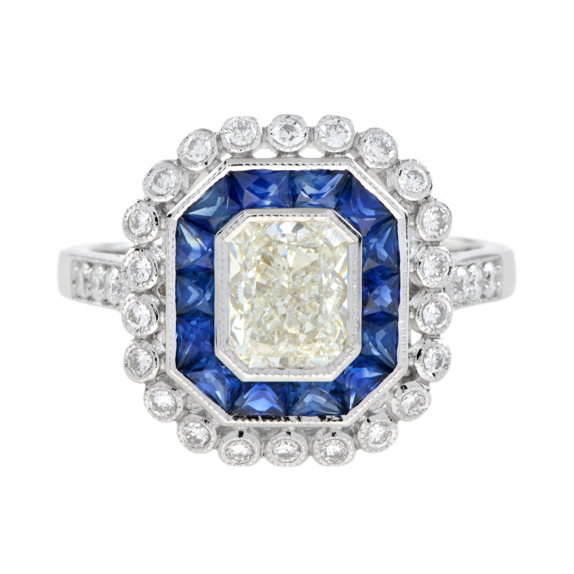 GIA Art Deco Style Radiant Shape Diamond Blue Sapphire Halo 18K White Gold Ring