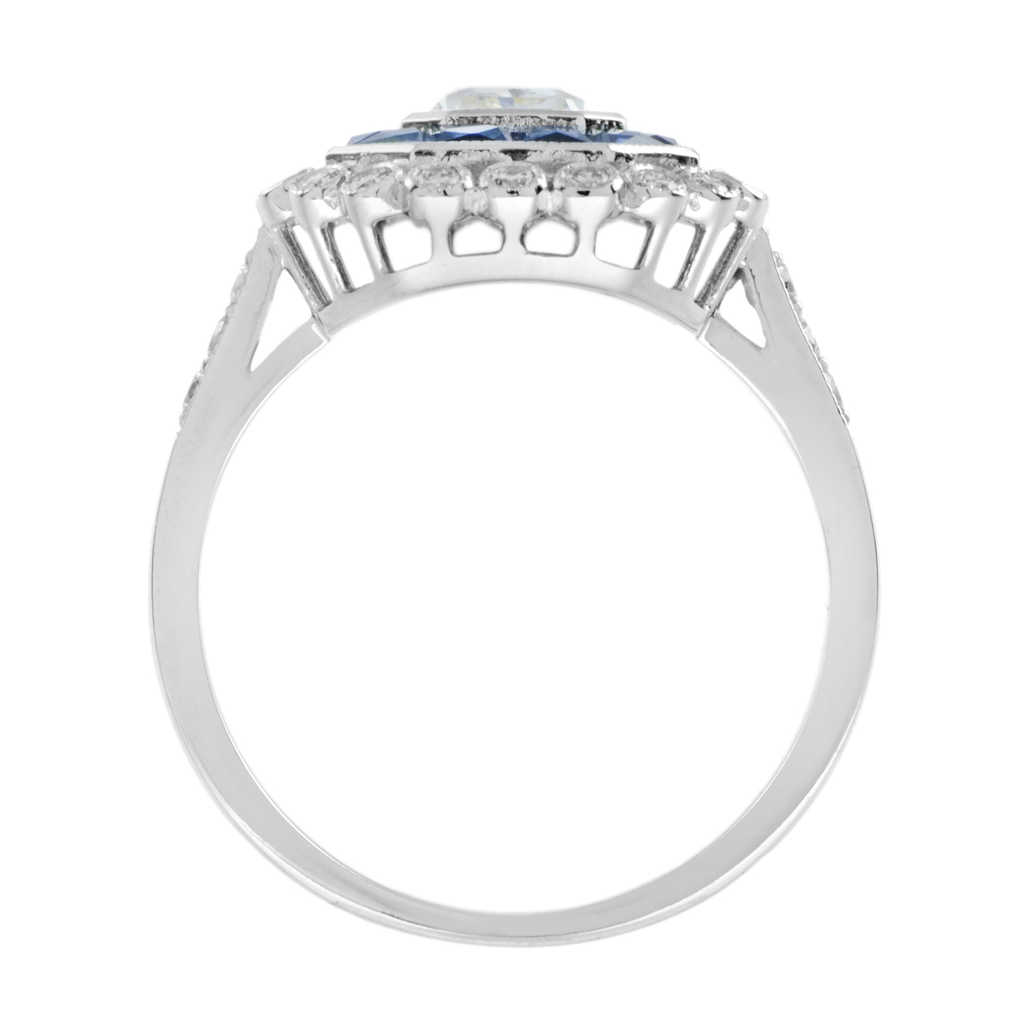 GIA Art Deco Style Radiant Shape Diamond Blue Sapphire Halo 18K White Gold Ring