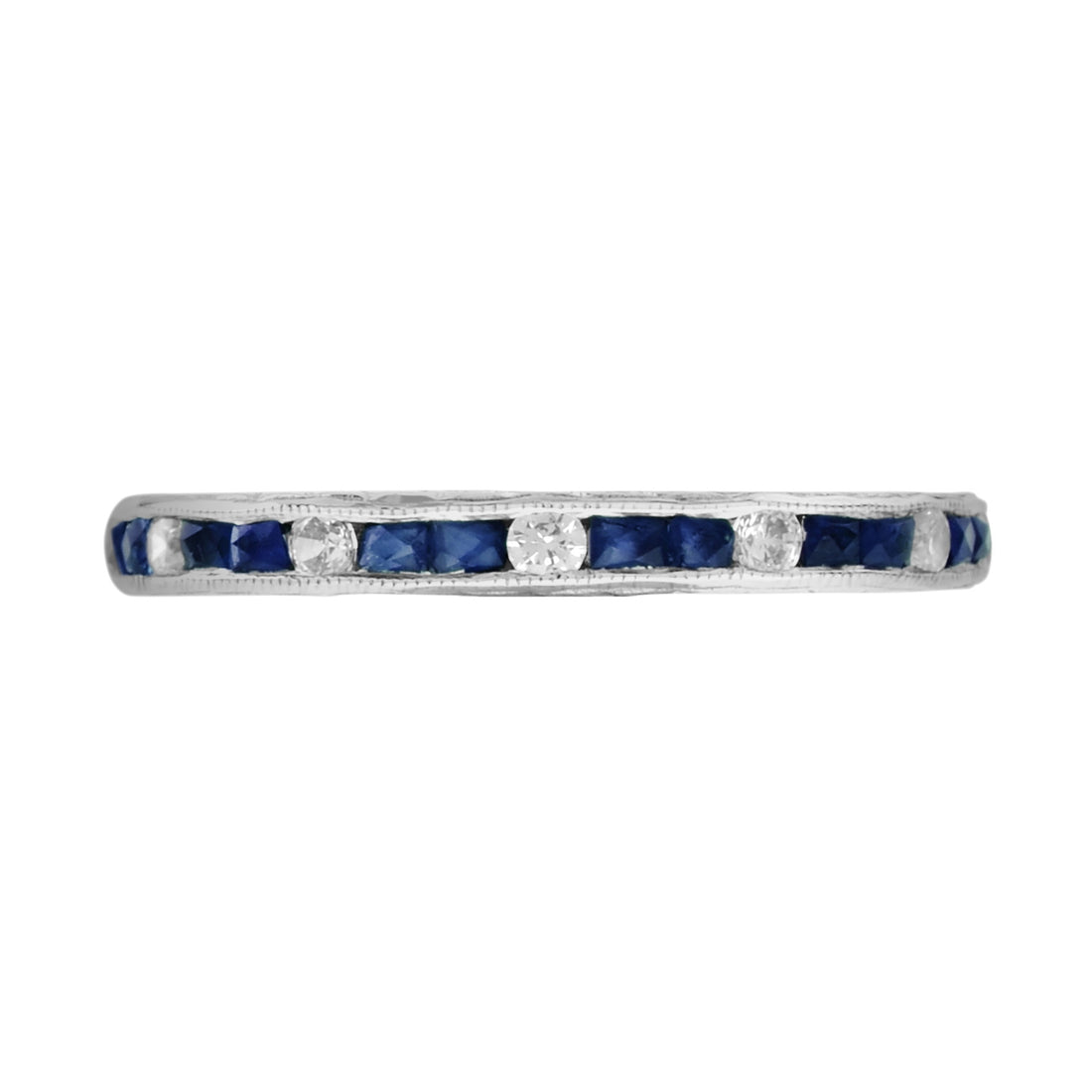 Alternating Double Blue Sapphire & Diamond Eternity Band 14K White Gold Ring