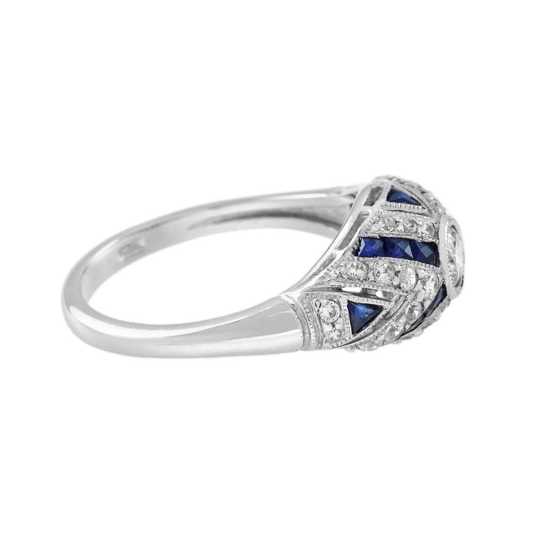 Round Diamond & Blue Sapphire Art Deco Style 18K White Gold Ring