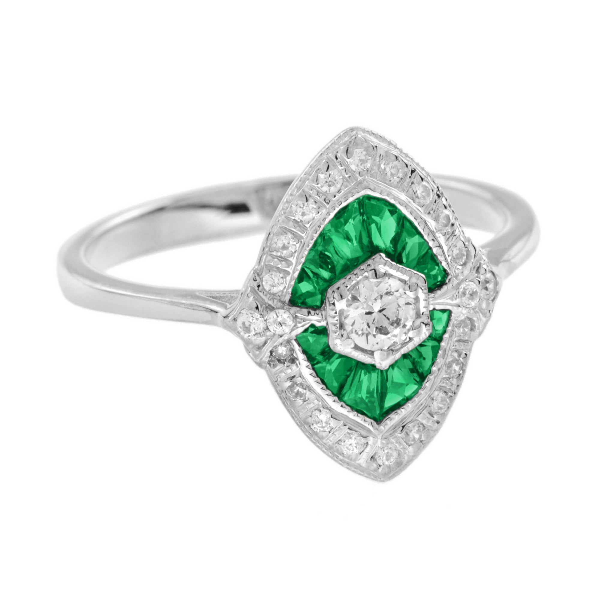 Diamond & Green Emerald Art Deco Style Engagement 14K White Gold Ring