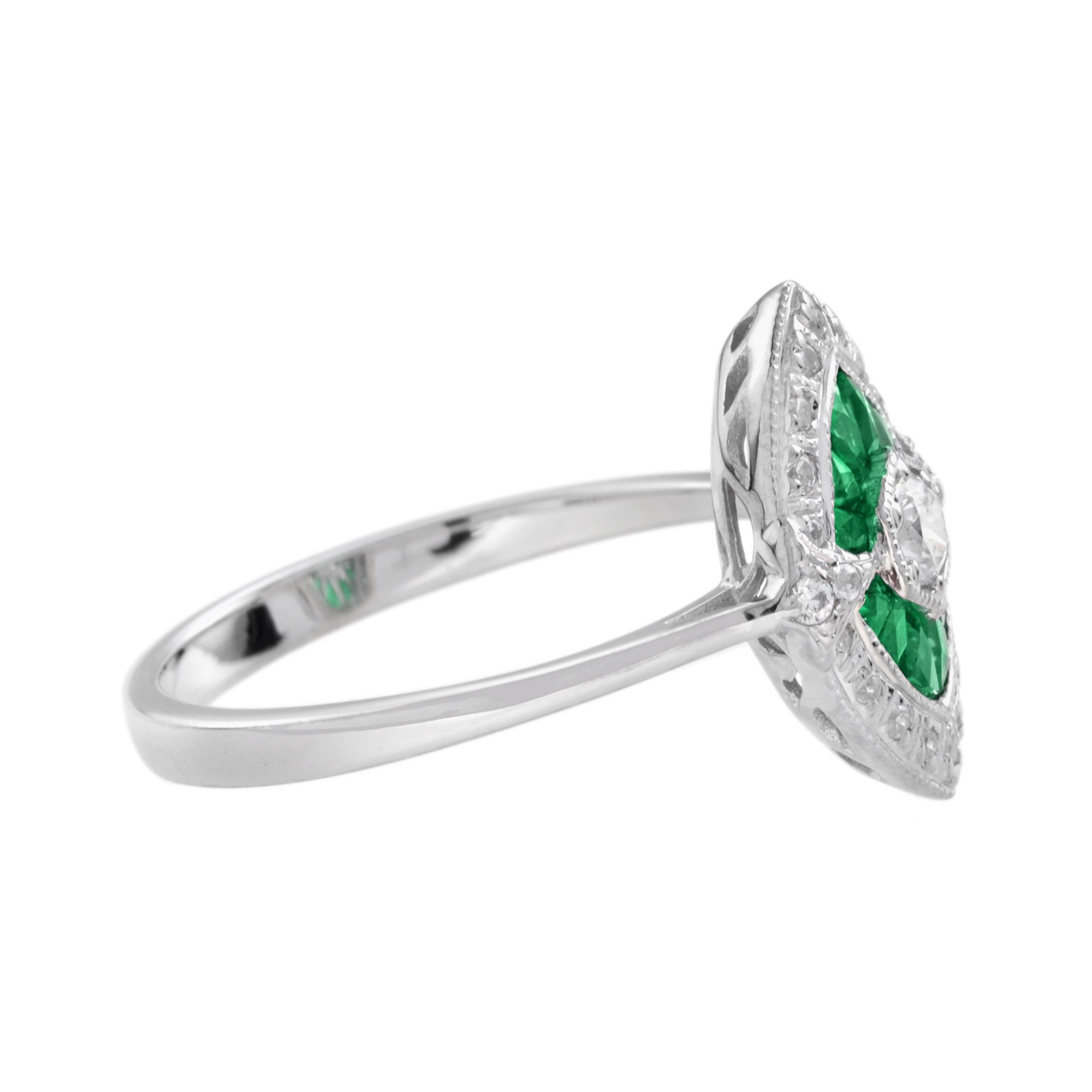 Diamond & Green Emerald Art Deco Style Engagement 14K White Gold Ring
