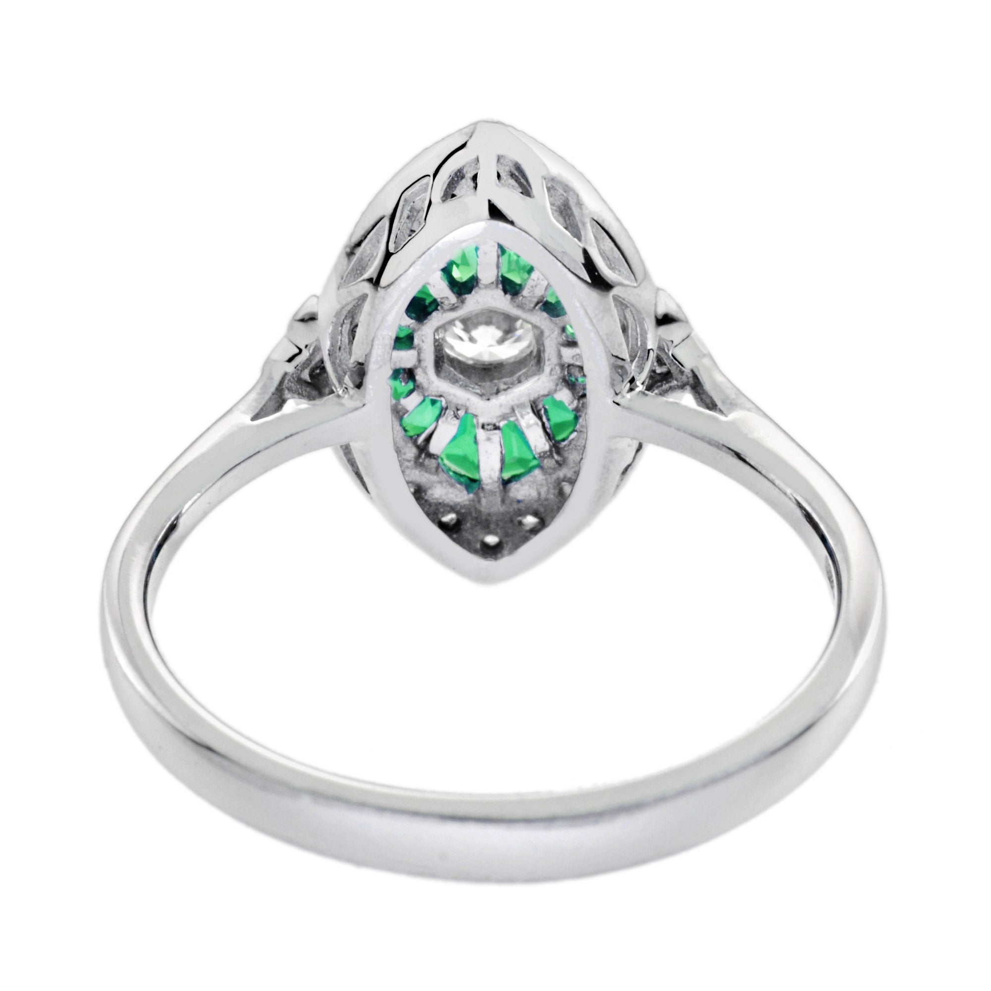 Diamond & Green Emerald Art Deco Style Engagement 14K White Gold Ring