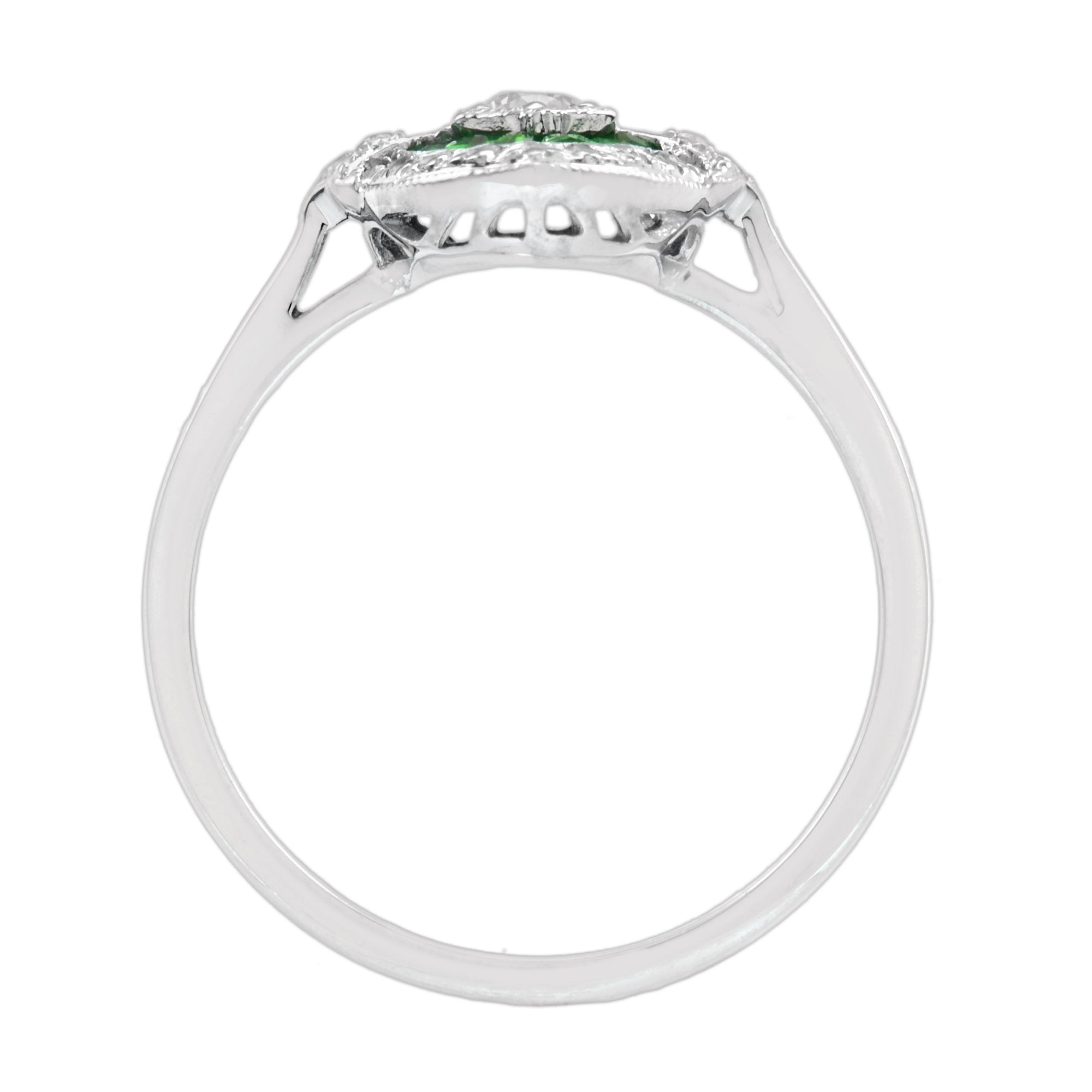 Diamond & Green Emerald Art Deco Style Engagement 14K White Gold Ring