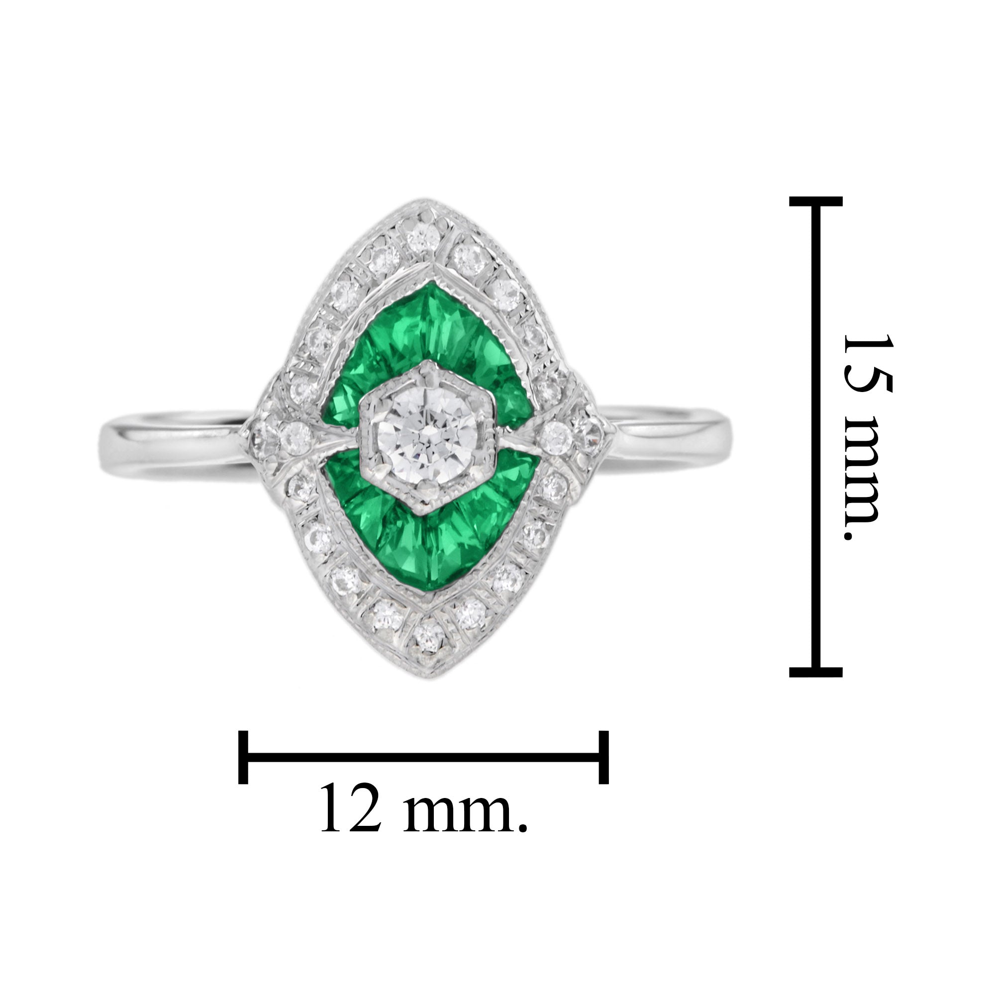 Diamond & Green Emerald Art Deco Style Engagement 14K White Gold Ring