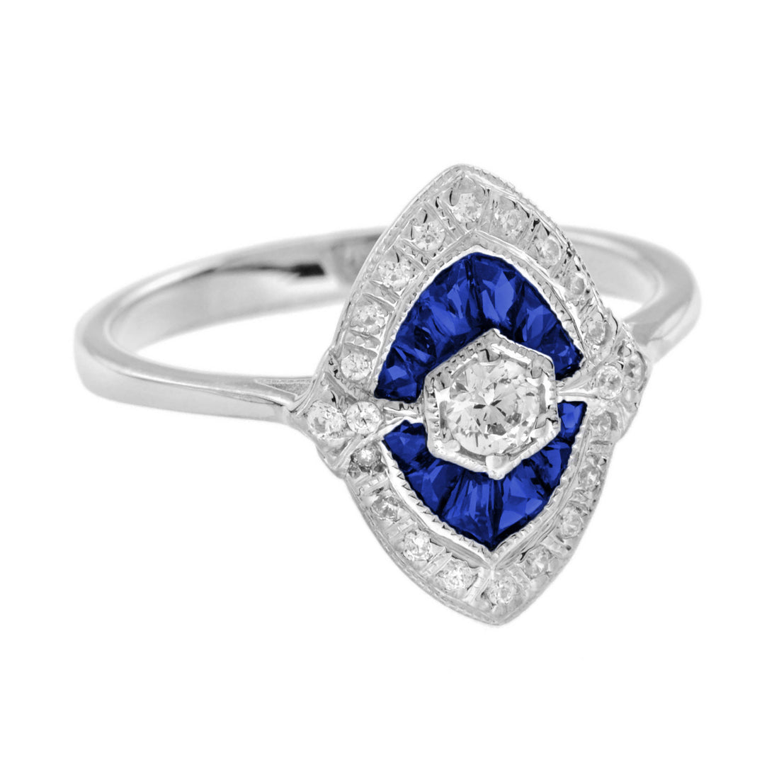 Diamond & Blue Sapphire Art Deco Style 14K White Gold Ring