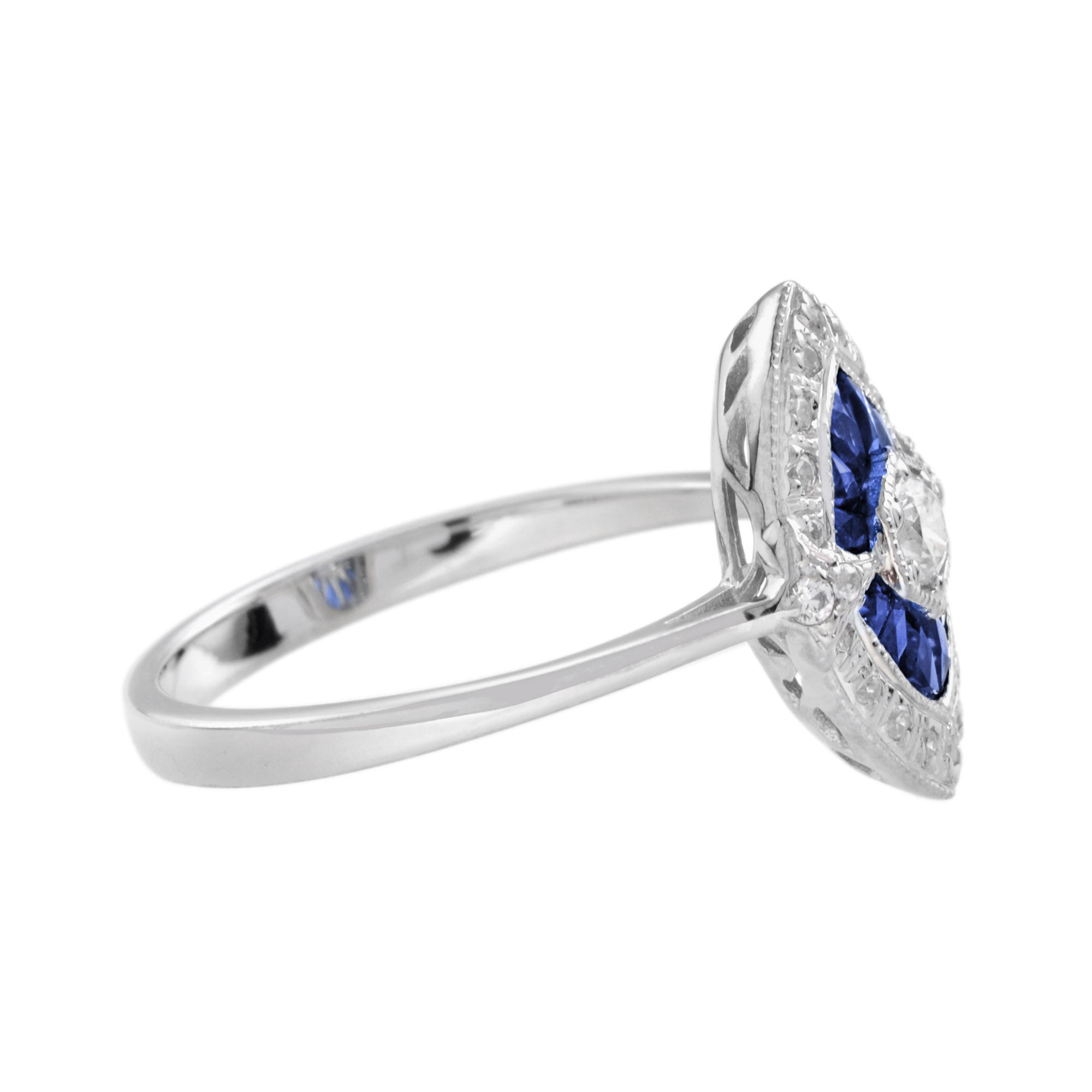 Diamond & Blue Sapphire Art Deco Style 14K White Gold Ring