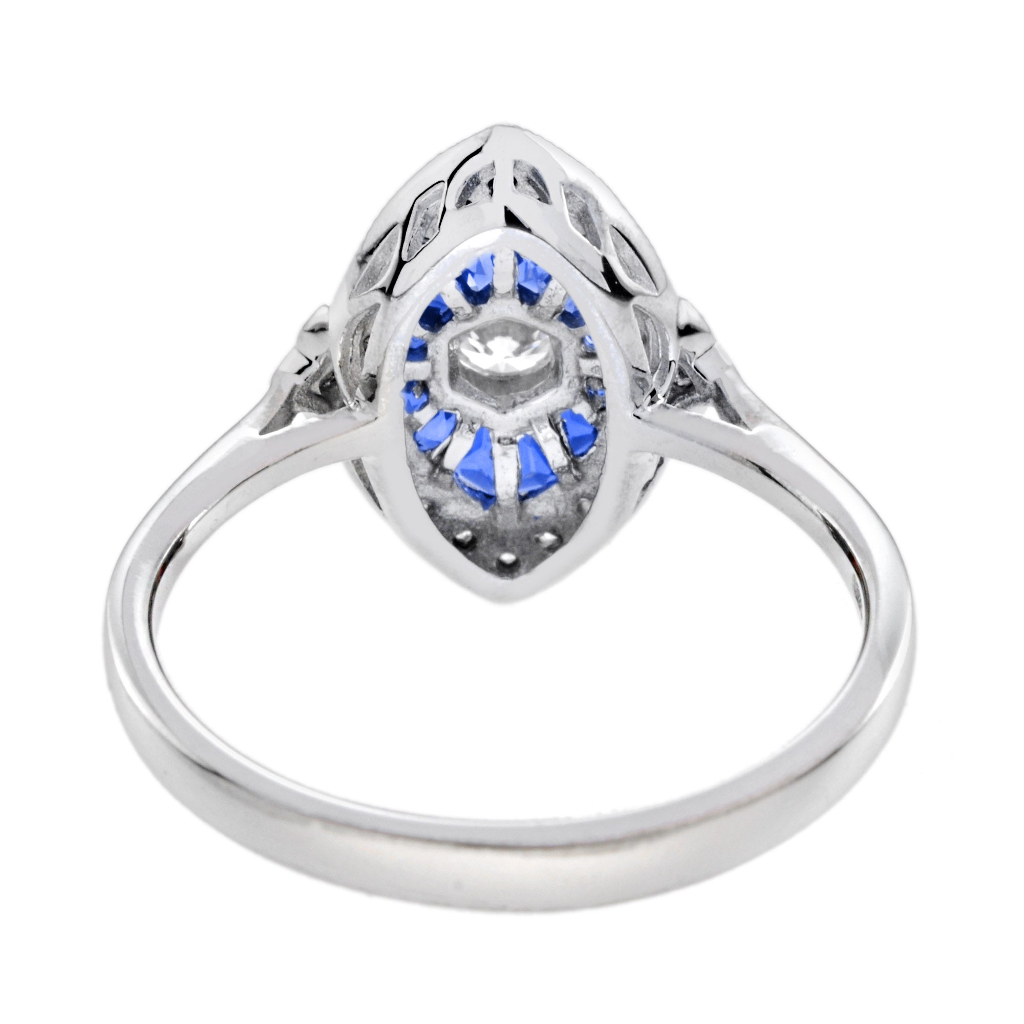 Diamond & Blue Sapphire Art Deco Style 14K White Gold Ring