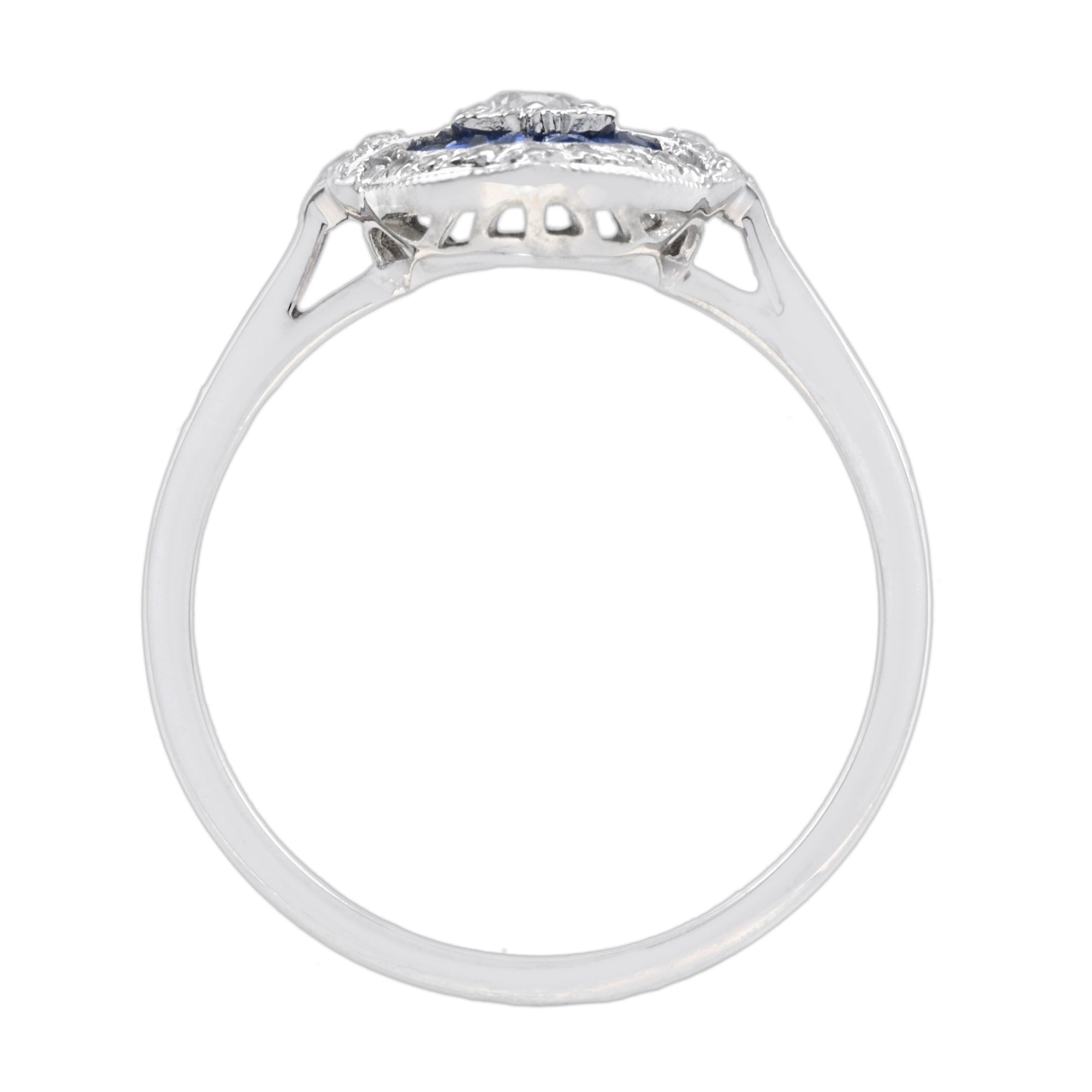 Diamond & Blue Sapphire Art Deco Style 14K White Gold Ring