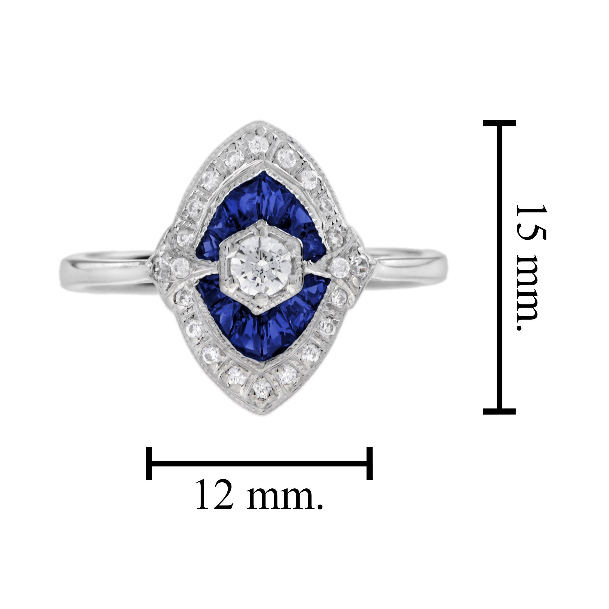 Diamond & Blue Sapphire Art Deco Style 14K White Gold Ring