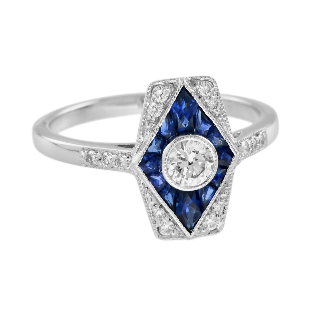 Diamond & Blue Sapphire Art Deco Inspired Style Engagement 14K White Gold Ring