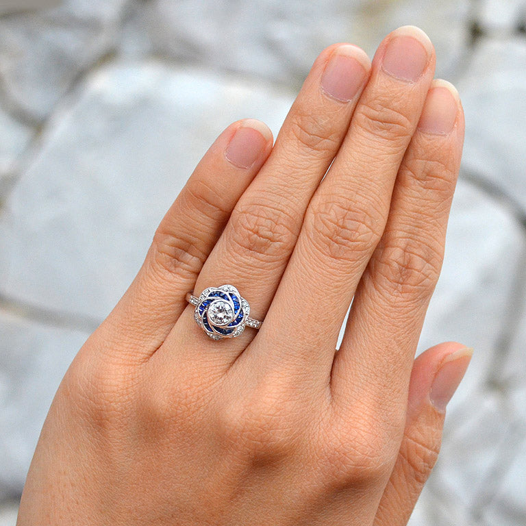 Rose Petal Floral Style Diamond & Blue Sapphire Engagement 18K White Gold Ring
