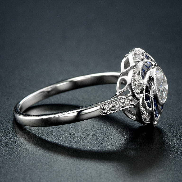 Rose Petal Floral Style Diamond & Blue Sapphire Engagement 18K White Gold Ring