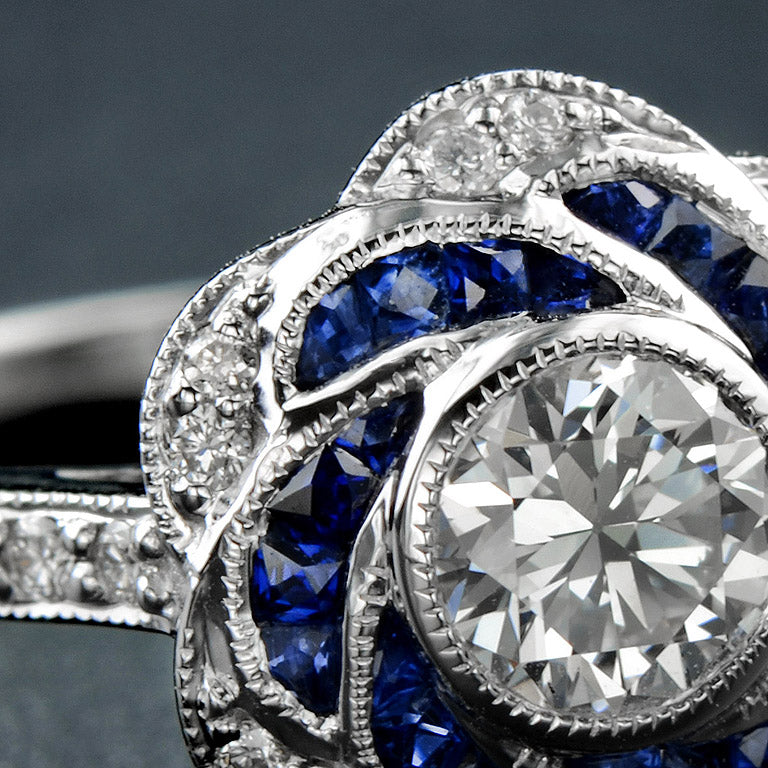 Rose Petal Floral Style Diamond & Blue Sapphire Engagement 18K White Gold Ring